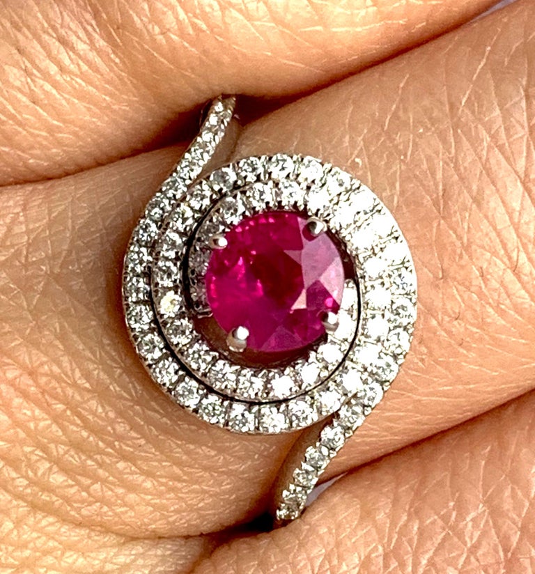 Round Pink Natural Ruby White Diamond Double Halo Ring 14K White Gold