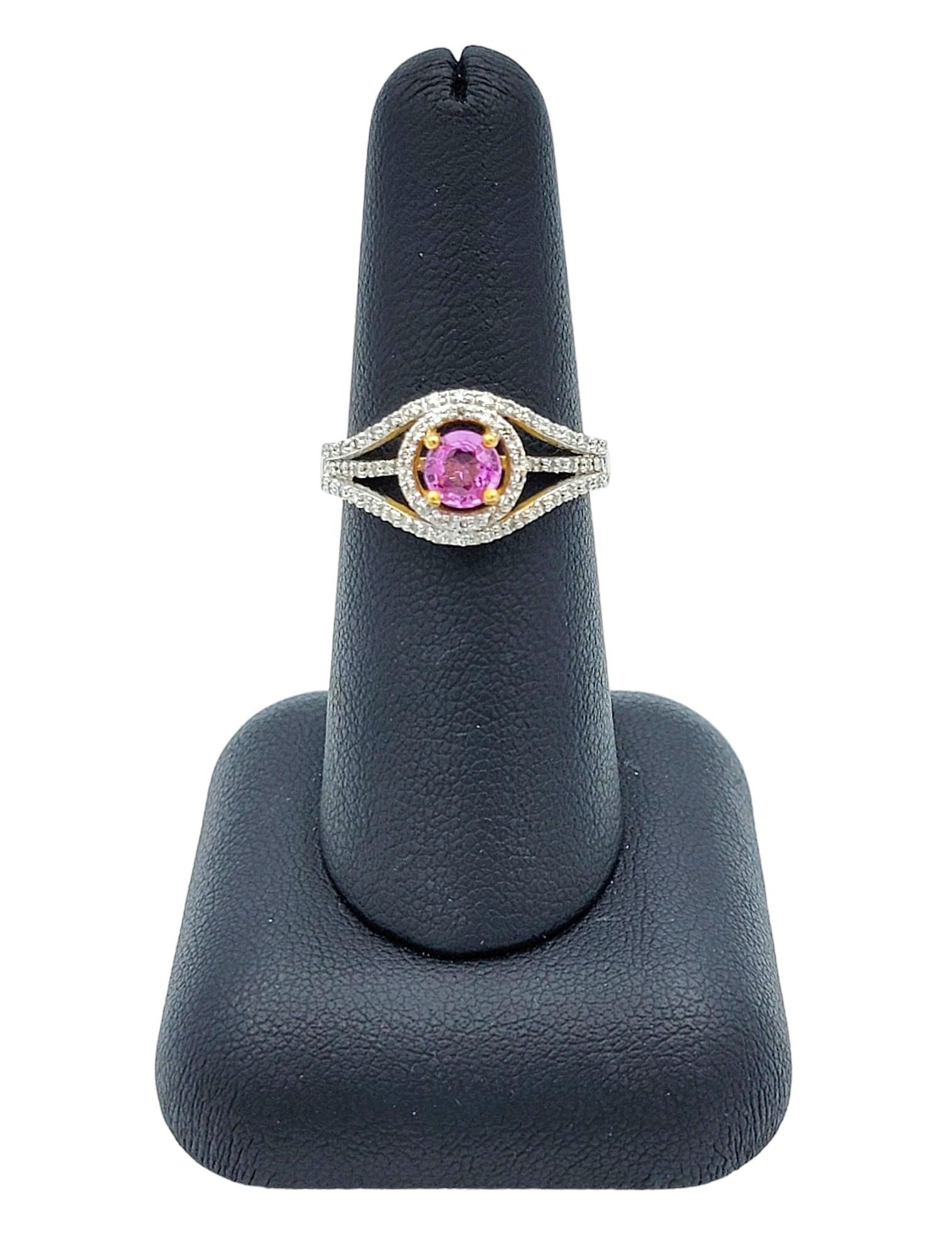 Round Pink Sapphire and Diamond Halo Split Shank Ring in 18 Karat Yellow Gold For Sale 4