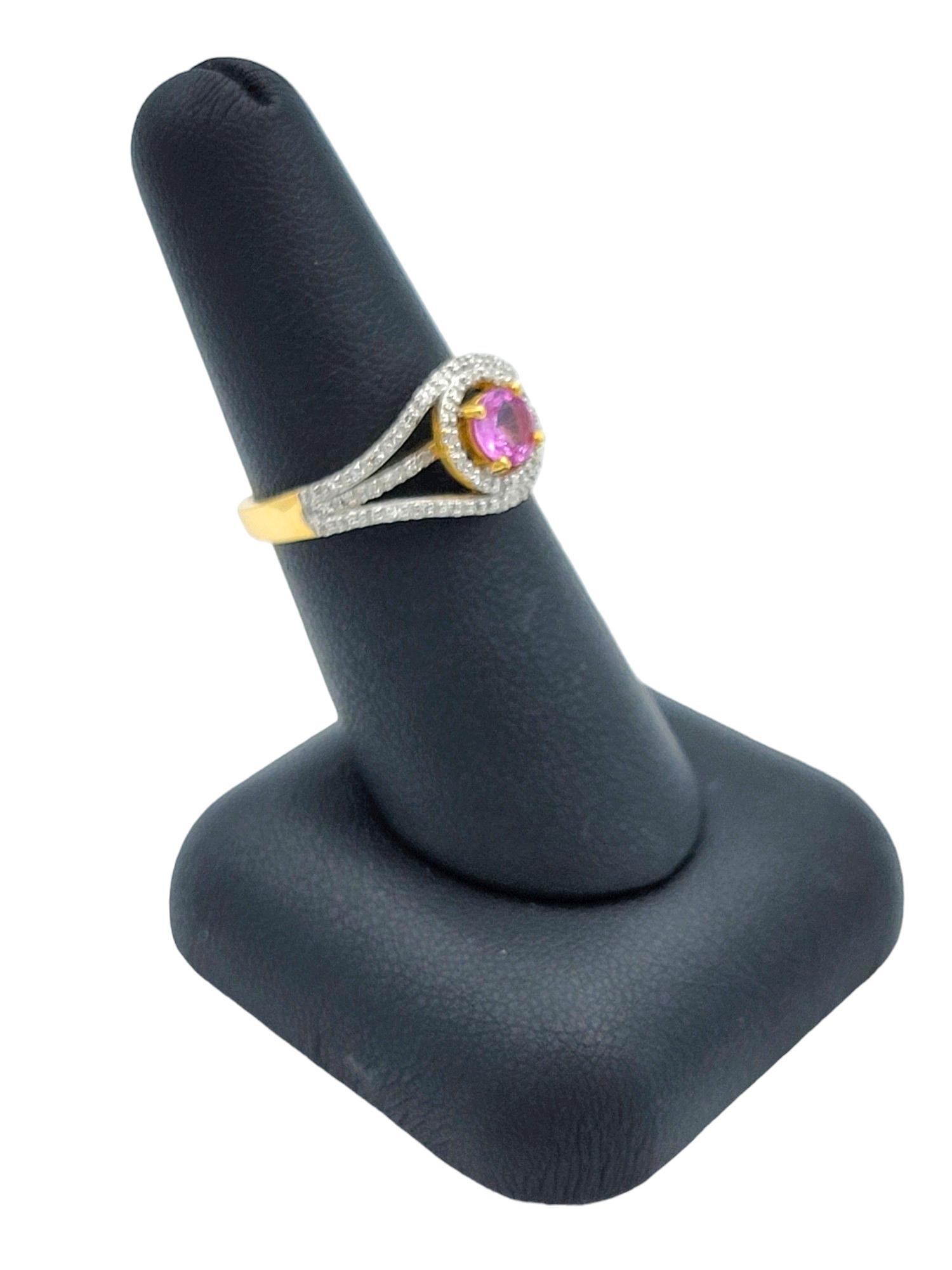 Round Pink Sapphire and Diamond Halo Split Shank Ring in 18 Karat Yellow Gold For Sale 5