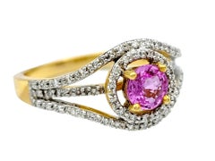 Round Pink Sapphire and Diamond Halo Split Shank Ring in 18 Karat Yellow Gold