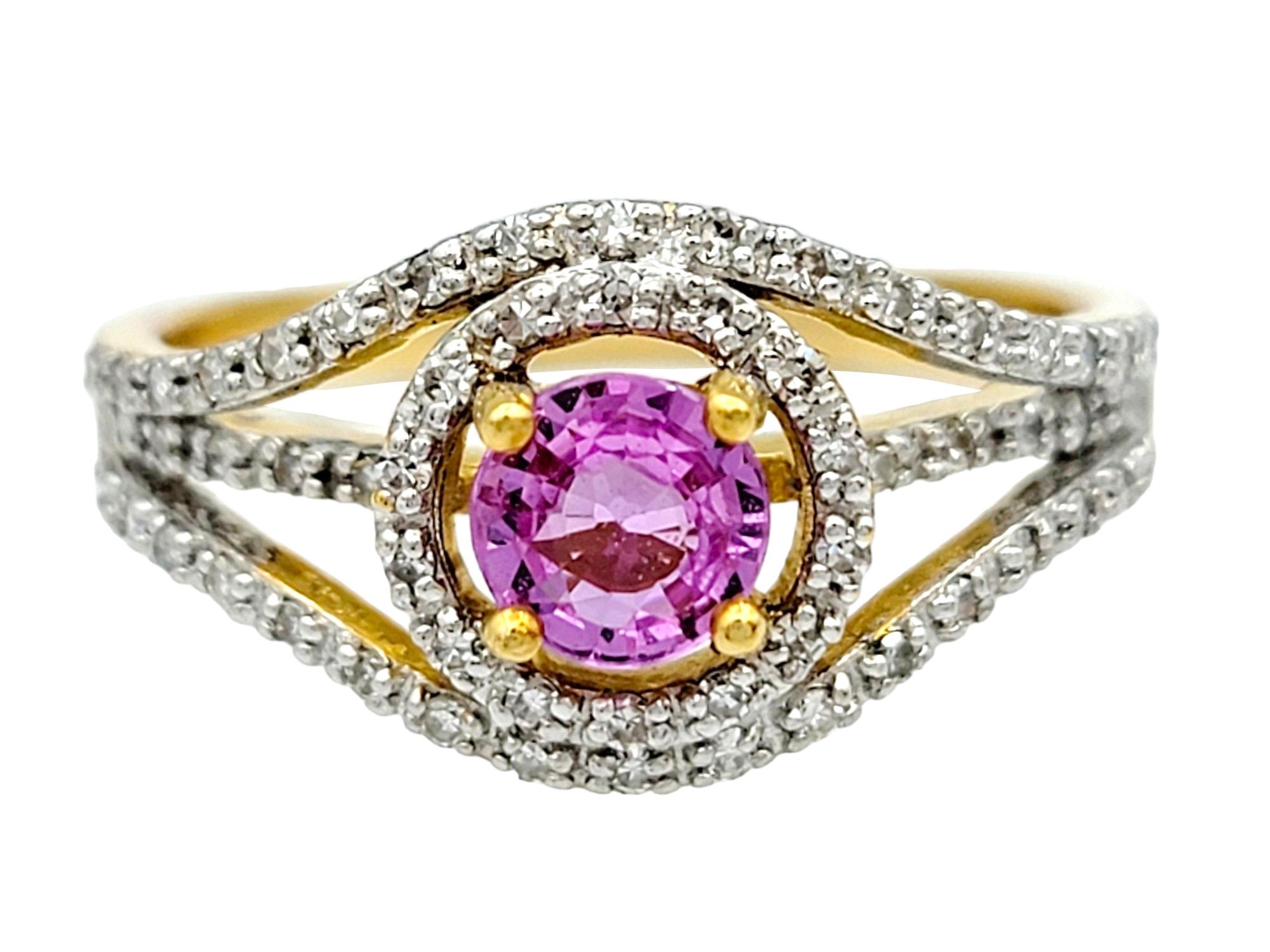Round Cut Round Pink Sapphire and Diamond Halo Split Shank Ring in 18 Karat Yellow Gold For Sale
