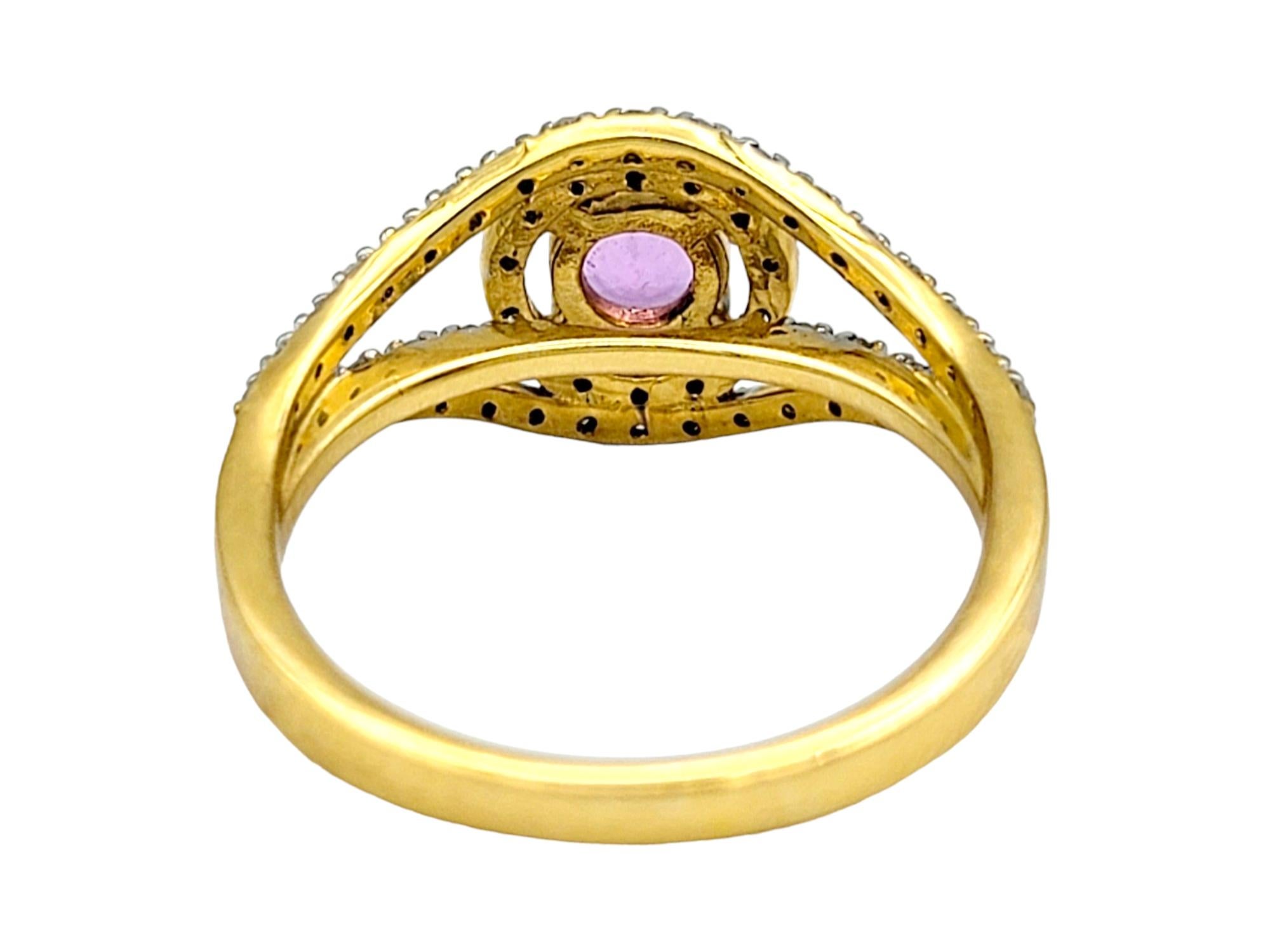 Women's Round Pink Sapphire and Diamond Halo Split Shank Ring in 18 Karat Yellow Gold For Sale
