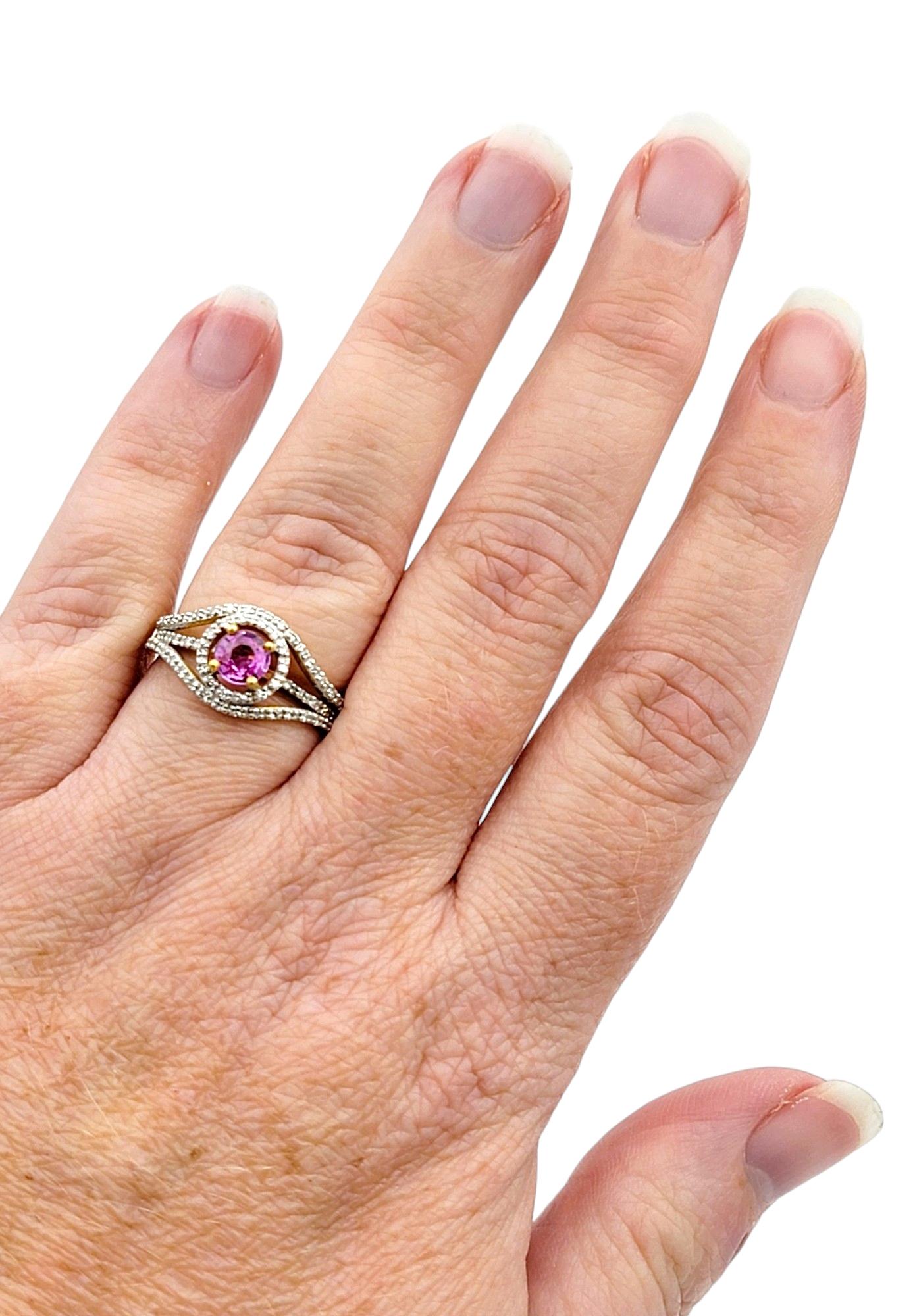 Round Pink Sapphire and Diamond Halo Split Shank Ring in 18 Karat Yellow Gold For Sale 2