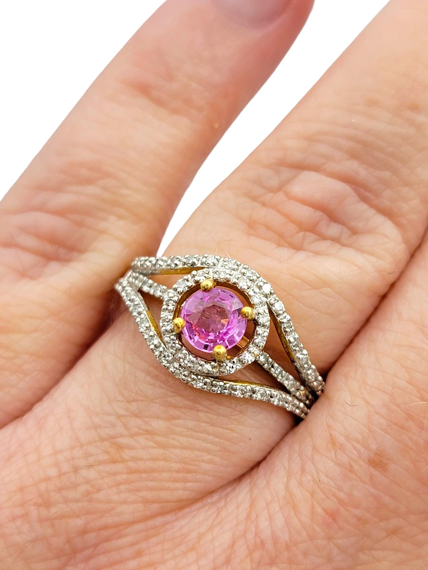 Round Pink Sapphire and Diamond Halo Split Shank Ring in 18 Karat Yellow Gold For Sale 3