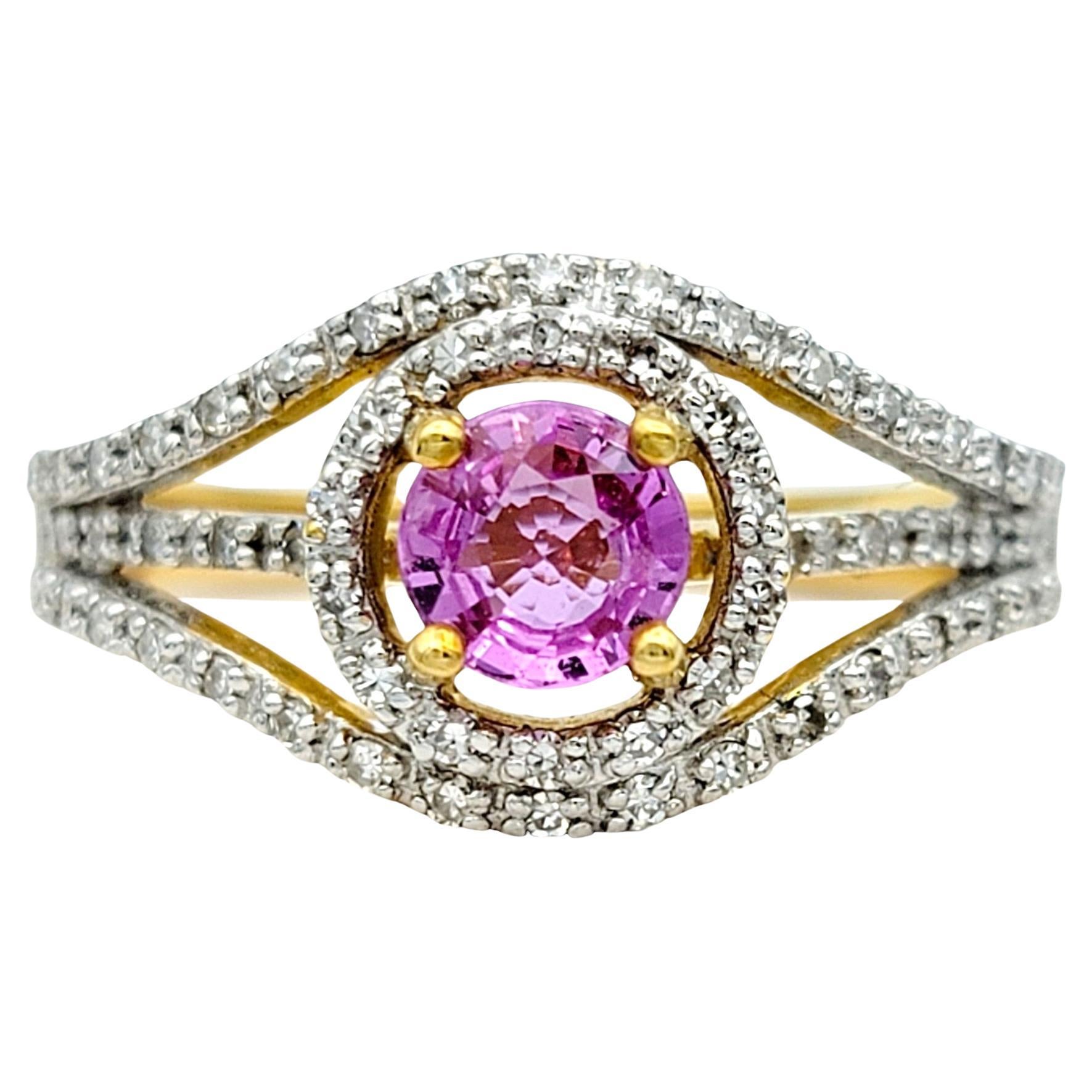 Round Pink Sapphire and Diamond Halo Split Shank Ring in 18 Karat Yellow Gold For Sale