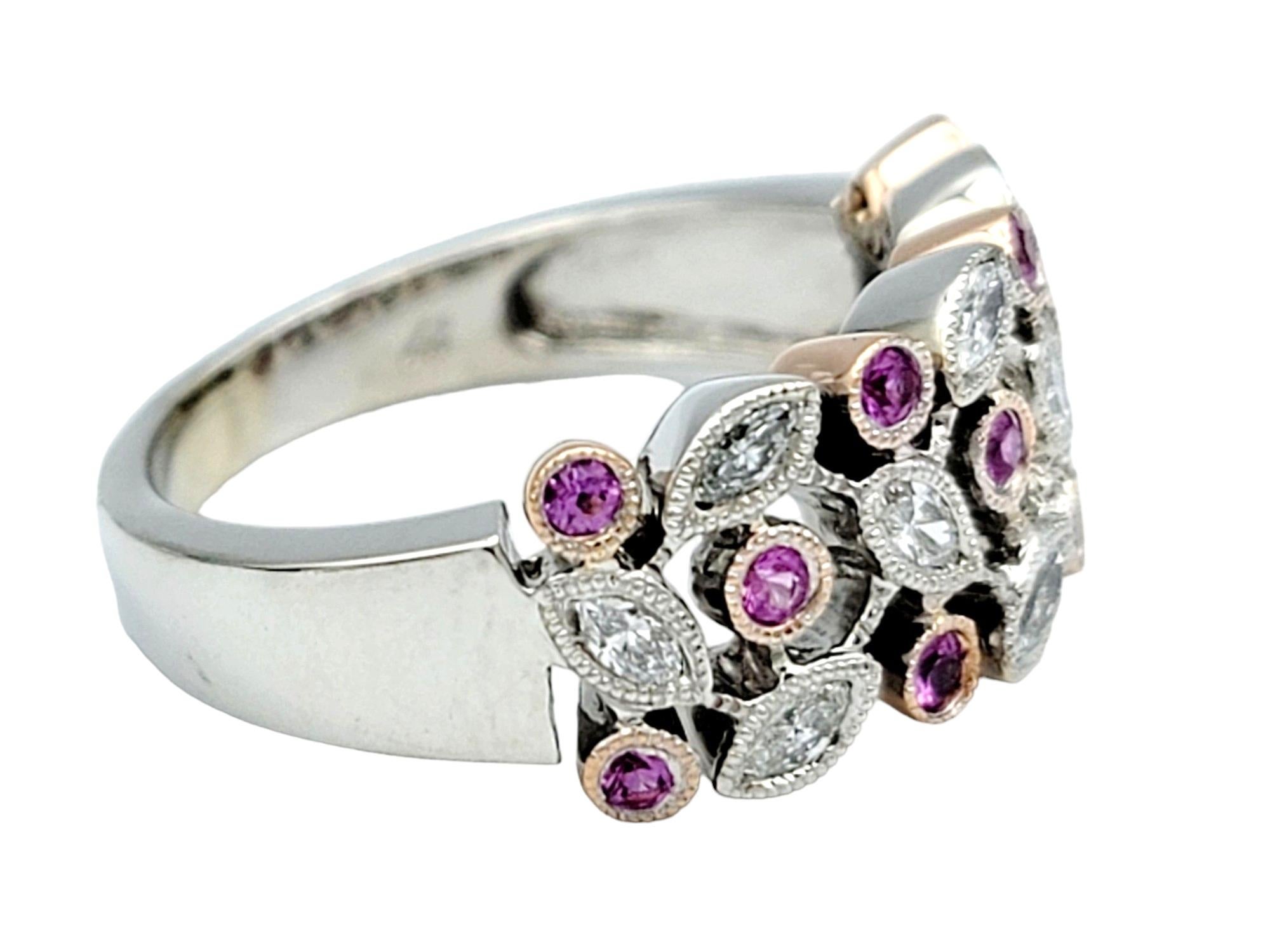 Marquise Cut Round Pink Sapphire and Marquise Diamond Leaf Motif Band Ring in 14 Karat Gold For Sale