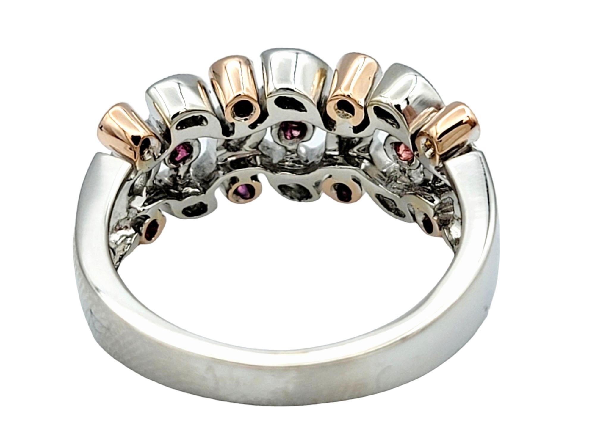 Women's Round Pink Sapphire and Marquise Diamond Leaf Motif Band Ring in 14 Karat Gold For Sale