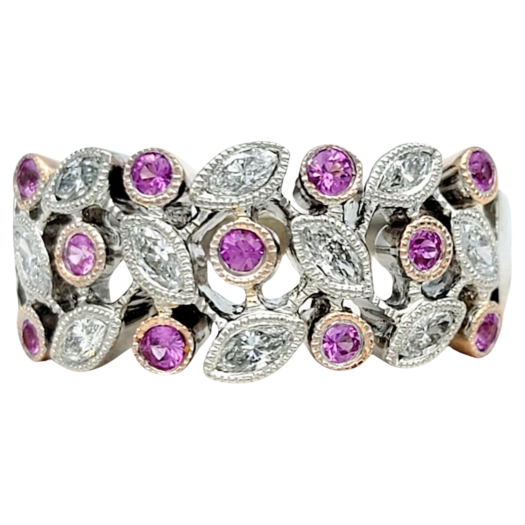 Anillo con Zafiro Rosa Redondo y Diamante Marquesa Motivo Hoja en Oro de 14 Kilates en venta