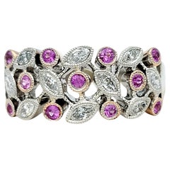 Ring aus 14 Karat Gold mit rundem rosa Saphir und Marquise-Diamant-Blattmotiv