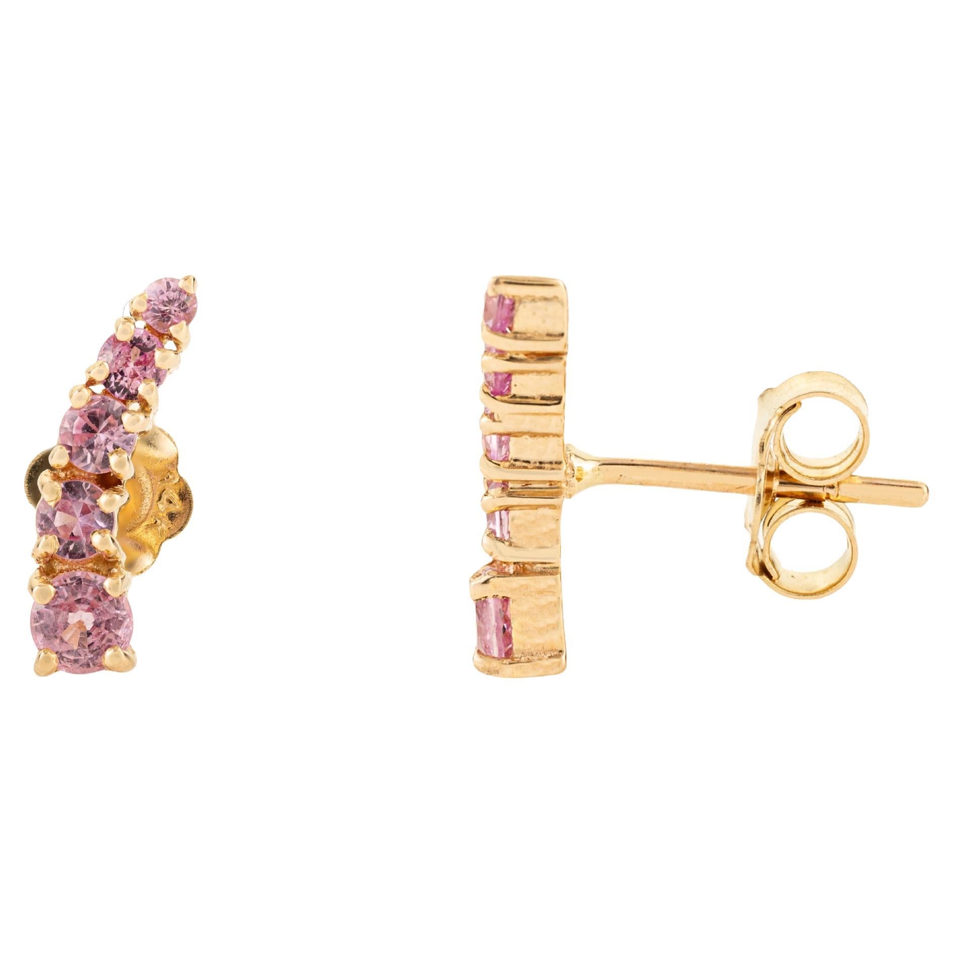 Round Pink Sapphire Curved Bar Stud Earrings in 14K Yellow Gold Modern Jewelry For Sale