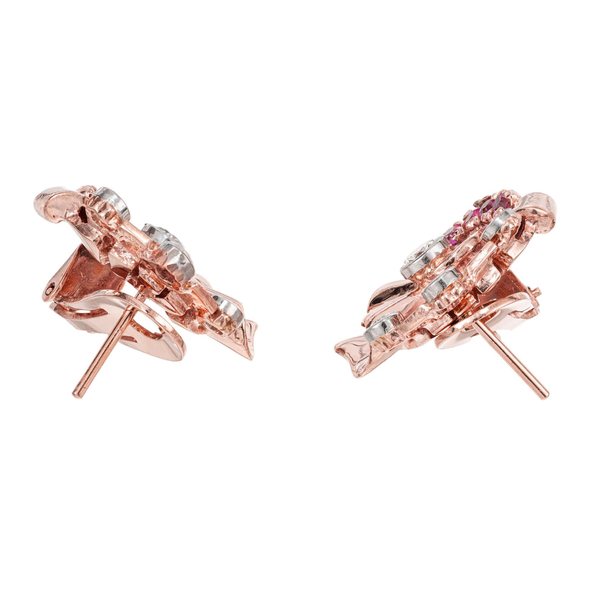 Round Cut Round Pink Sapphire Diamond Rose White Gold Clip Post Lever Back Earrings  For Sale