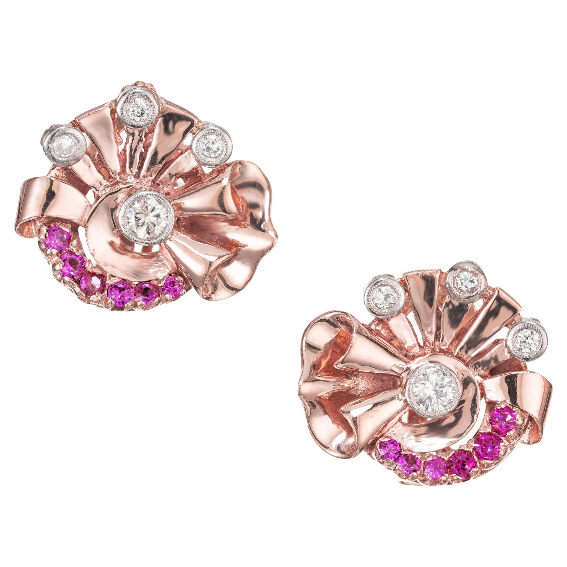 Round Pink Sapphire Diamond Rose White Gold Clip Post Lever Back Earrings  For Sale