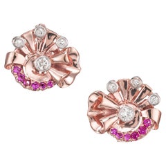 Round Pink Sapphire Diamond Rose White Gold Clip Post Lever Back Earrings 