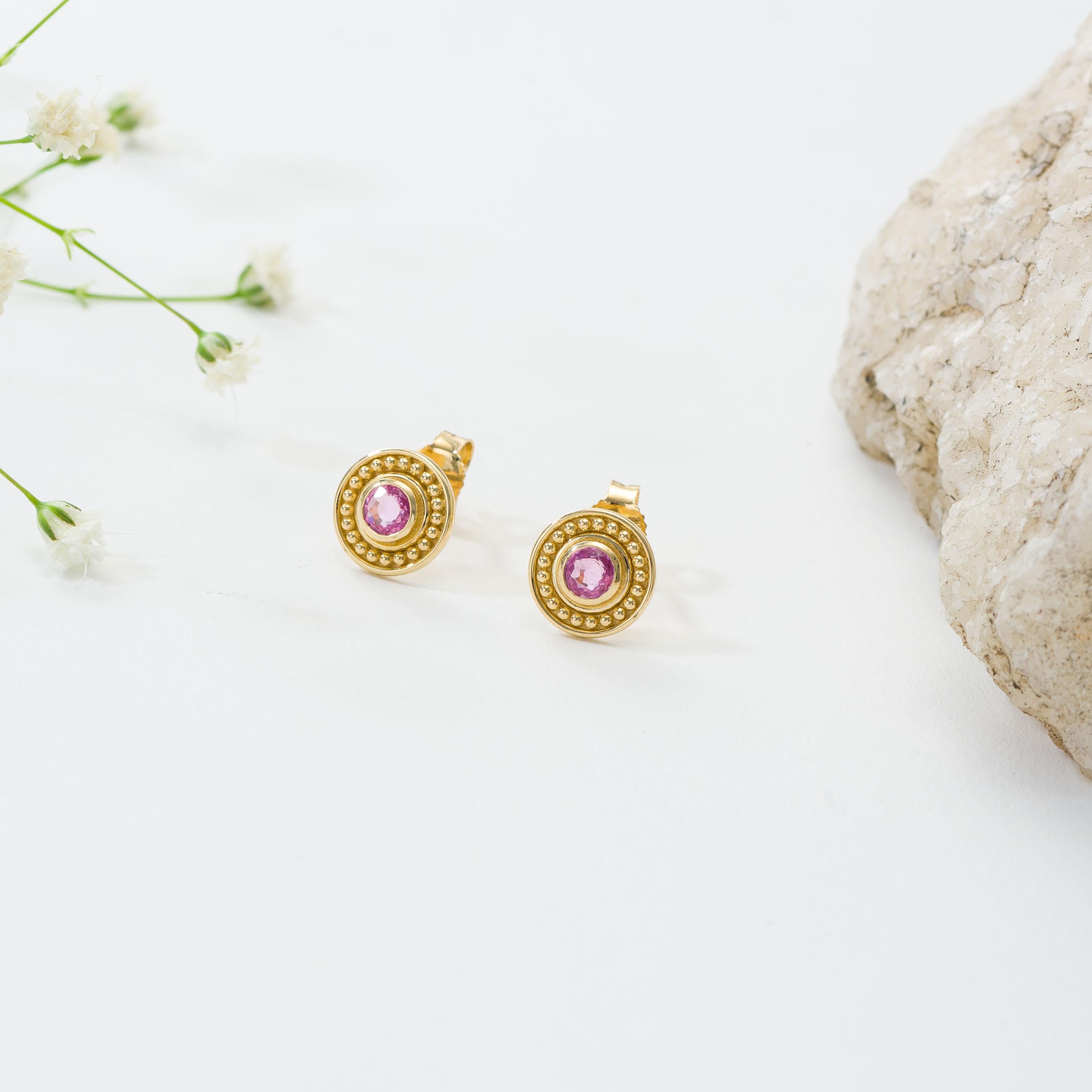 Byzantine Round Pink Sapphire Gold Earrings For Sale