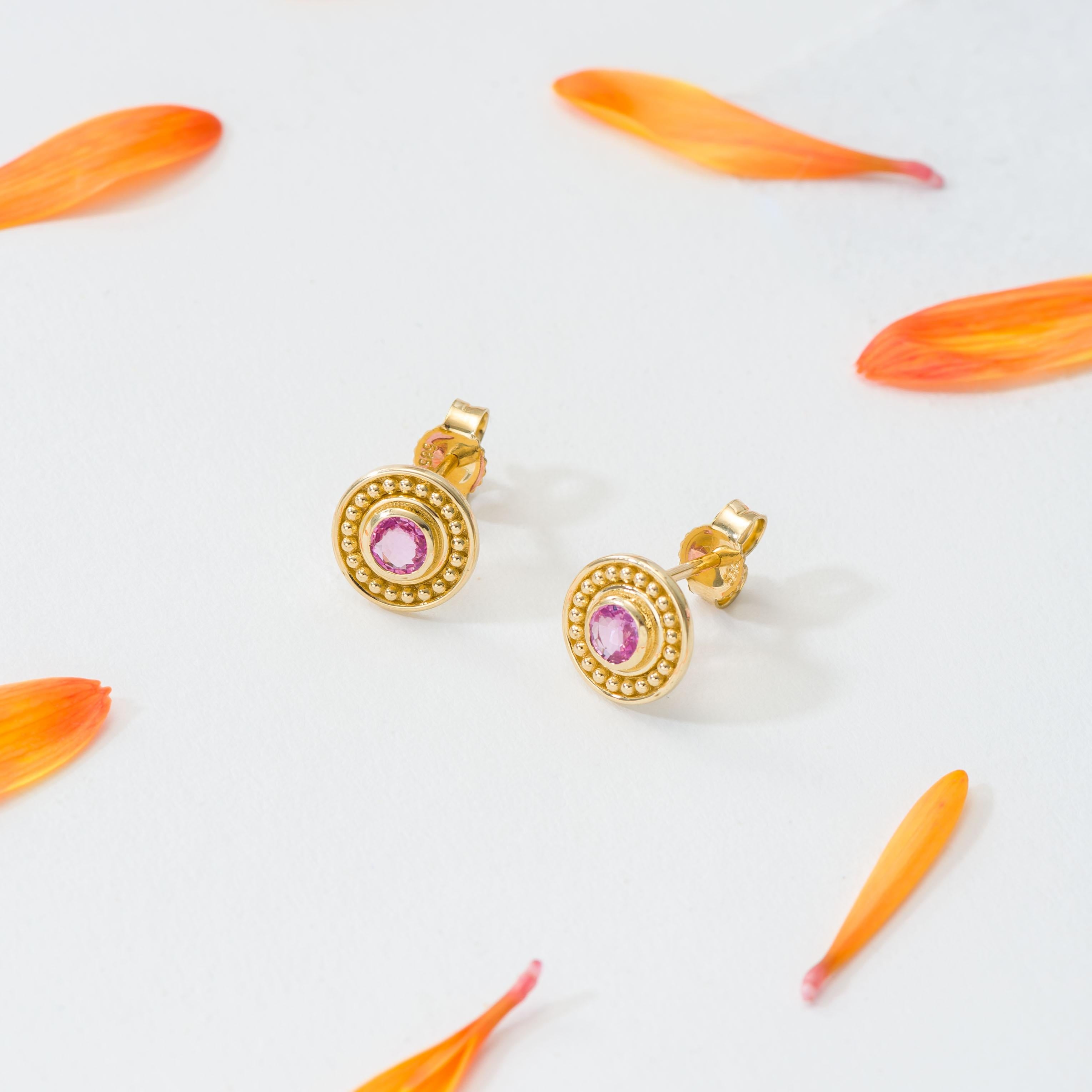 Women's Round Pink Sapphire Gold Earrings For Sale
