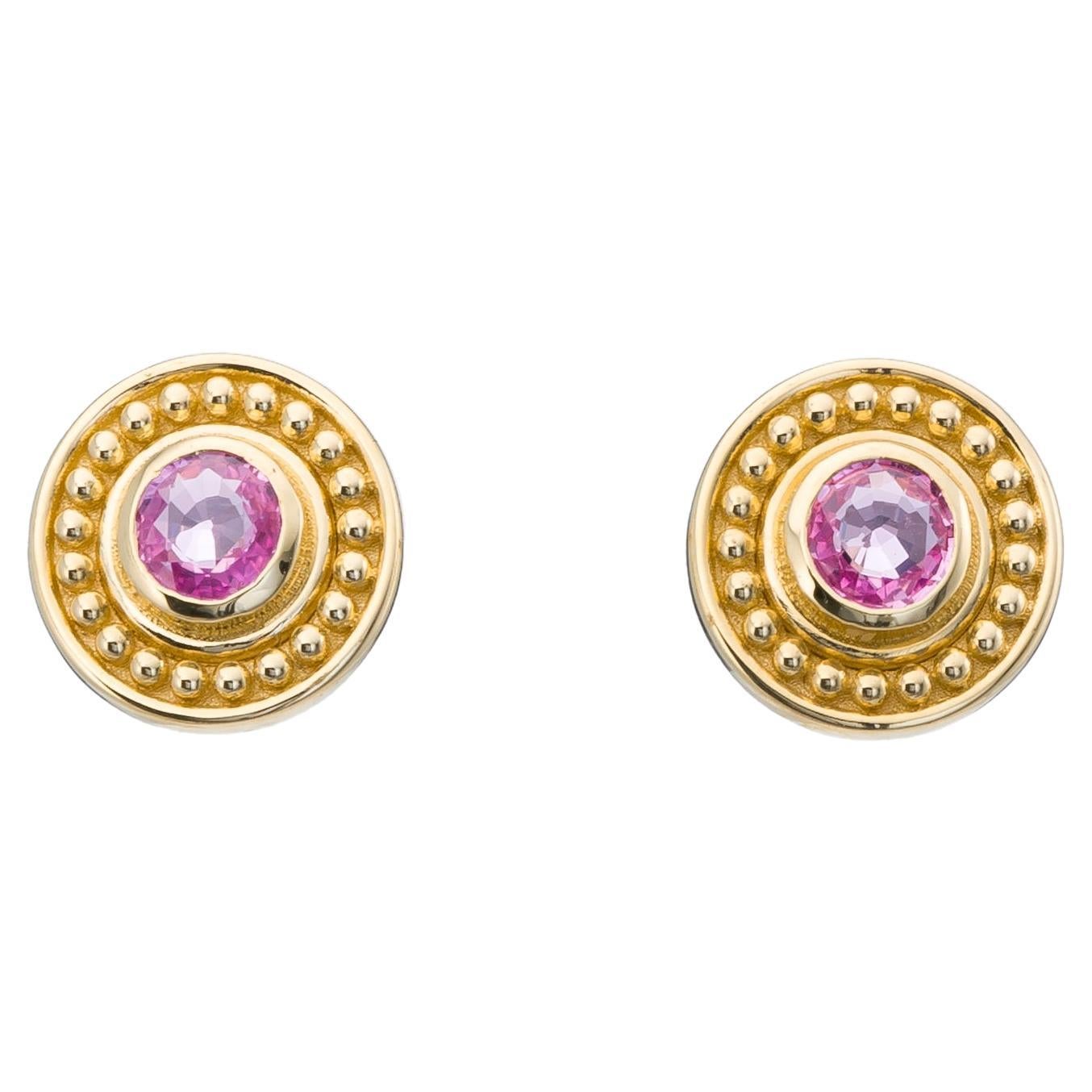 Round Pink Sapphire Gold Earrings For Sale