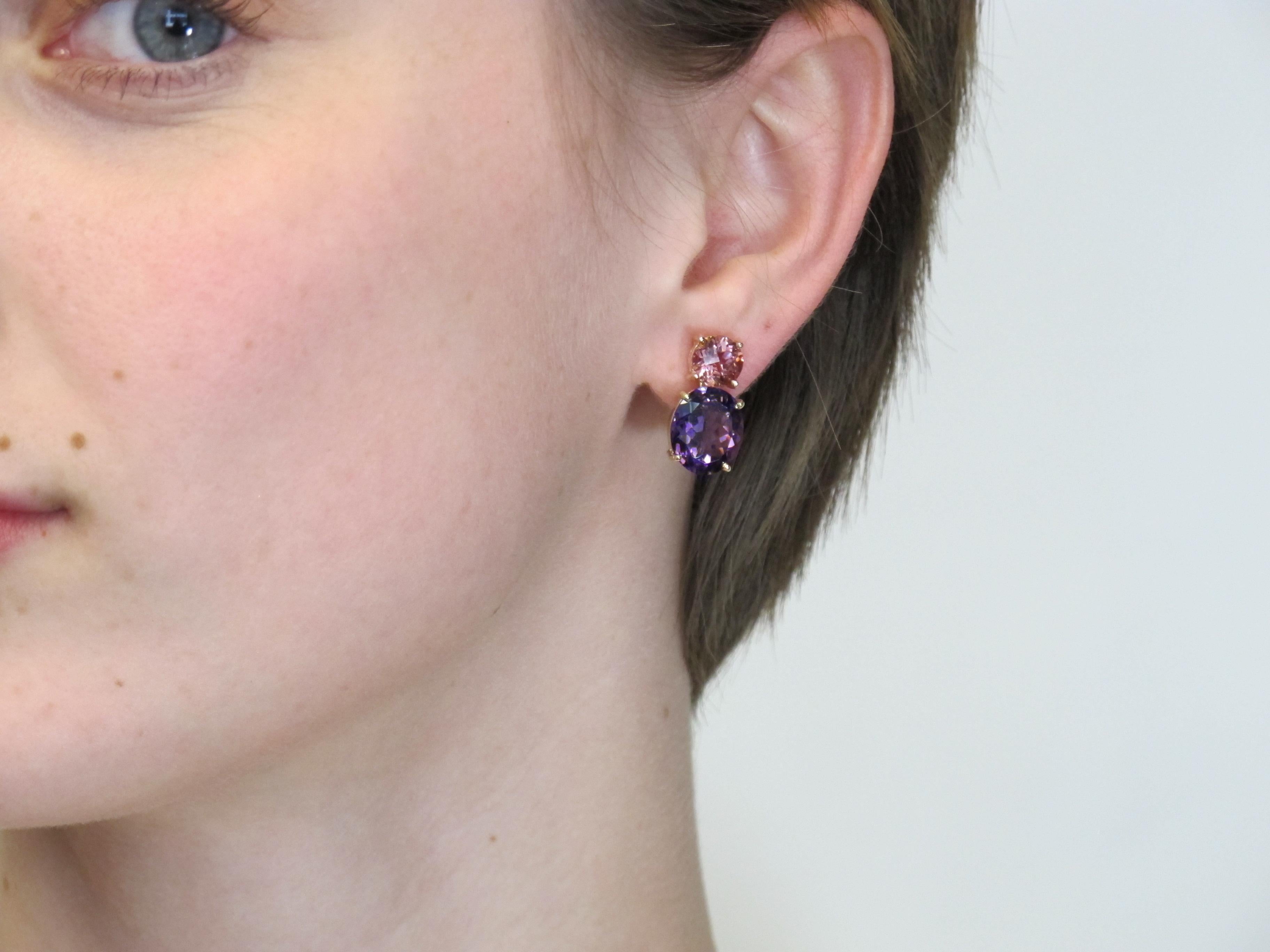 Pink Tourmaline, Amethyst 18k Rose, Yellow Gold French Clip Drop Post Earrings 4