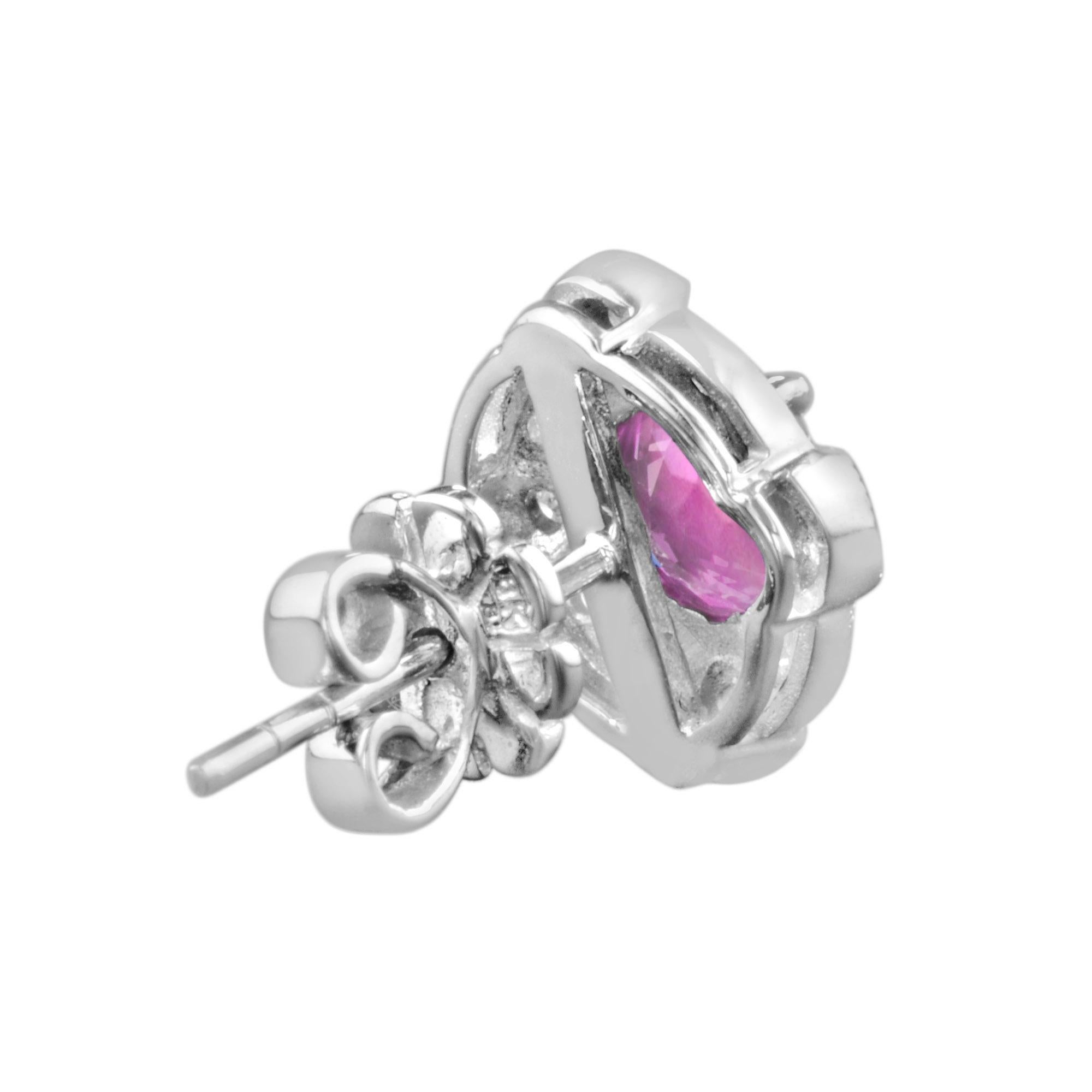 Pendientes redondos de oro blanco con turmalina rosa y halo de diamantes estilo vintage Corte redondo en venta