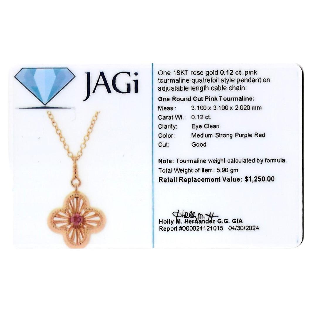 Collana con ciondolo a forma di quadrifoglio aperto con tormalina rosa rotonda in oro rosa 18 carati in vendita 6