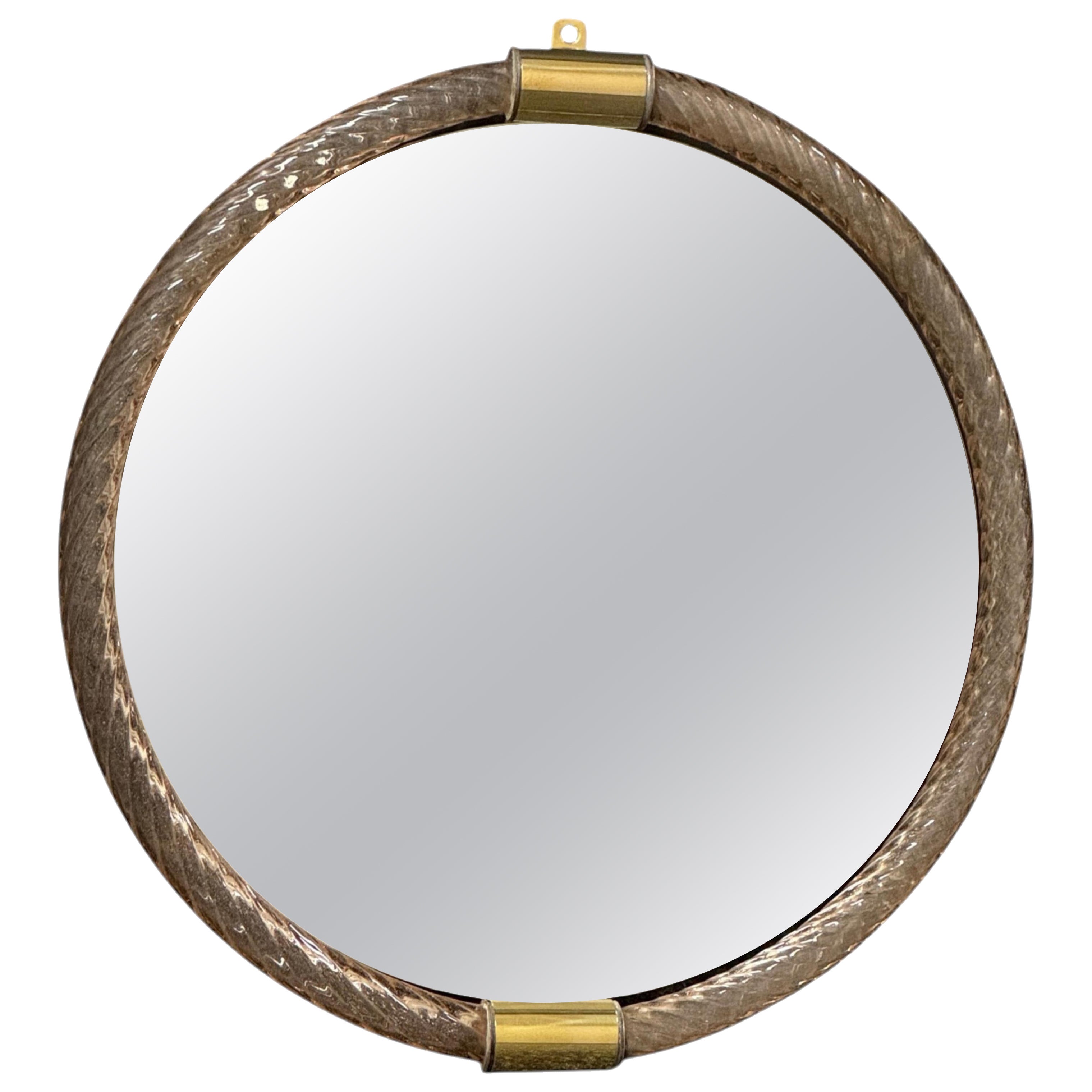 Round Pink Twisted Murano Glass and Brass Wall Mirror by Barovier E Toso