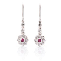 Round Pink & White Brilliant Cut Diamond Cluster Drop Earrings in White Gold