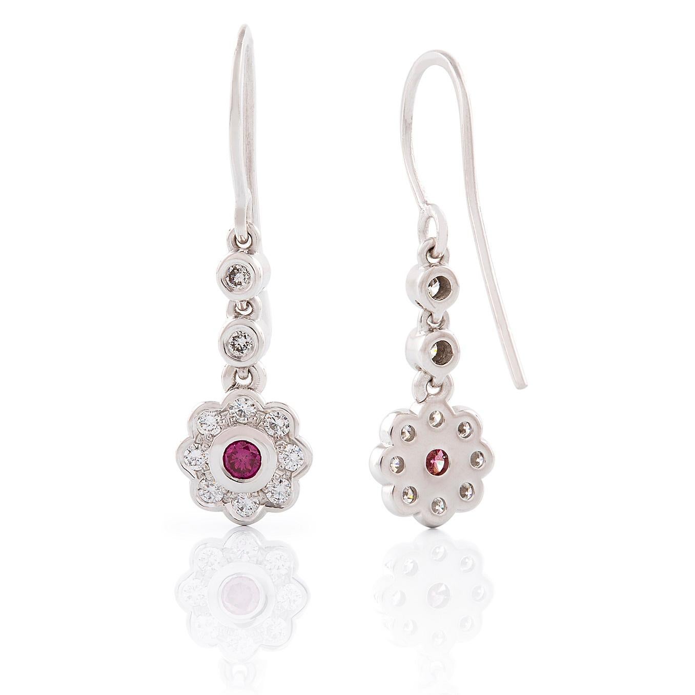 Art Deco Round Pink & White Brilliant Cut Diamond Cluster Drop Earrings in White Gold For Sale
