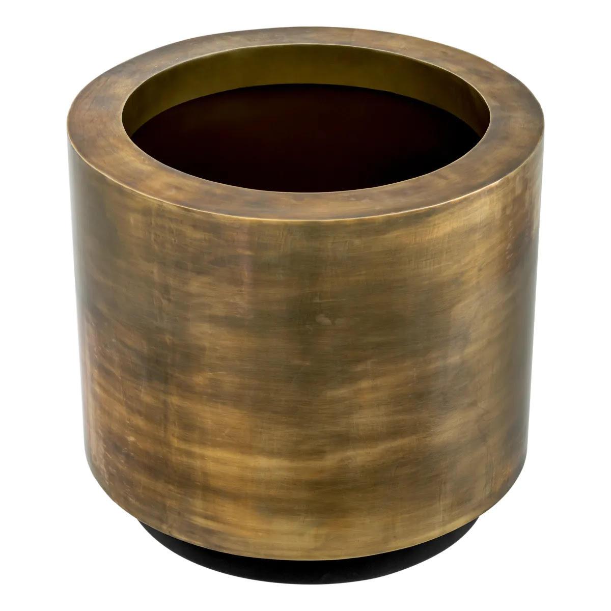 Modern Round Planter, Patinated Brass Finish, Black Base, Functional Elegance. For Sale