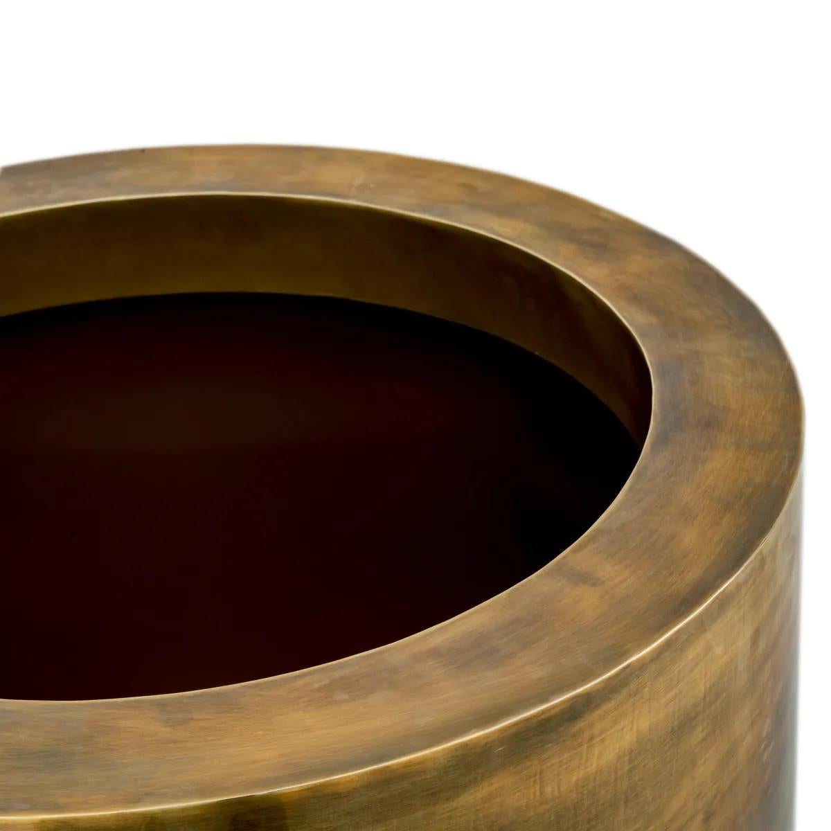 French Round Planter, Patinated Brass Finish, Black Base, Functional Elegance. For Sale