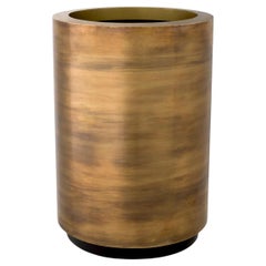 Round Planter, Tall Model, Patinated Brass Finish, Black Base.