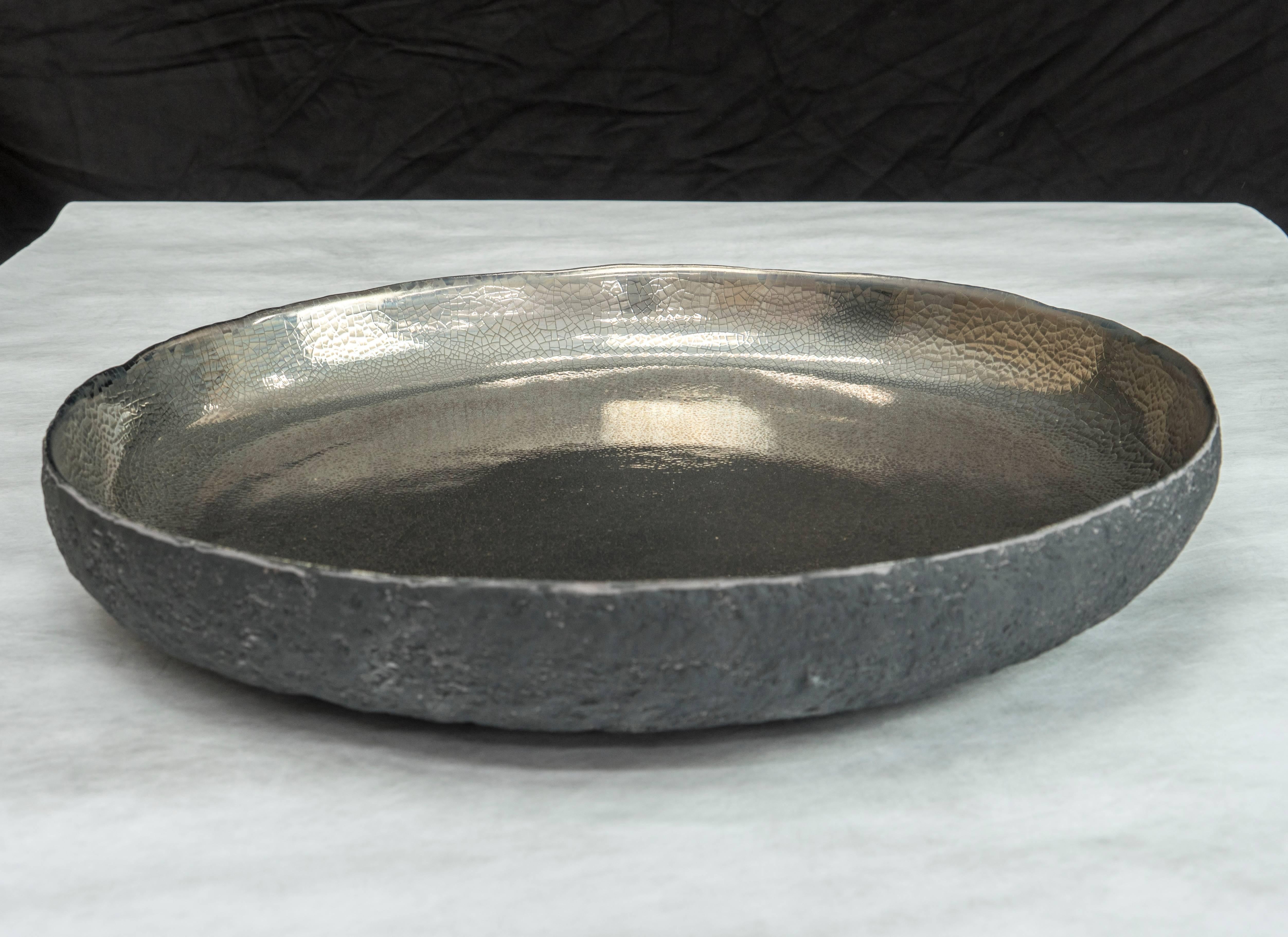 Fired Round Platinum Ceramic Centerpiece with Platinum by Cristina Salusti For Sale
