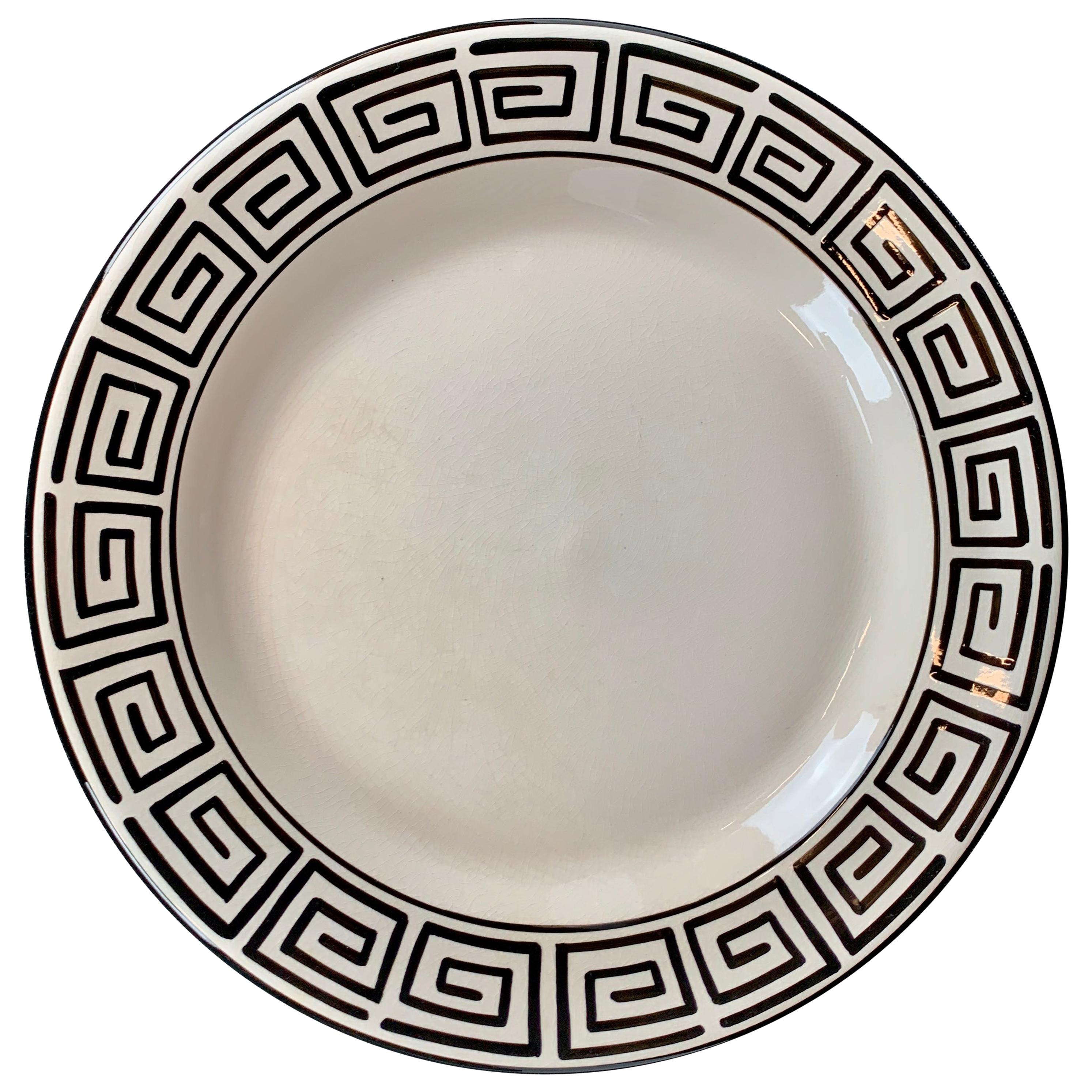 Round 14" Platter, Off-White with a Hand Painted Black Greek Key Border