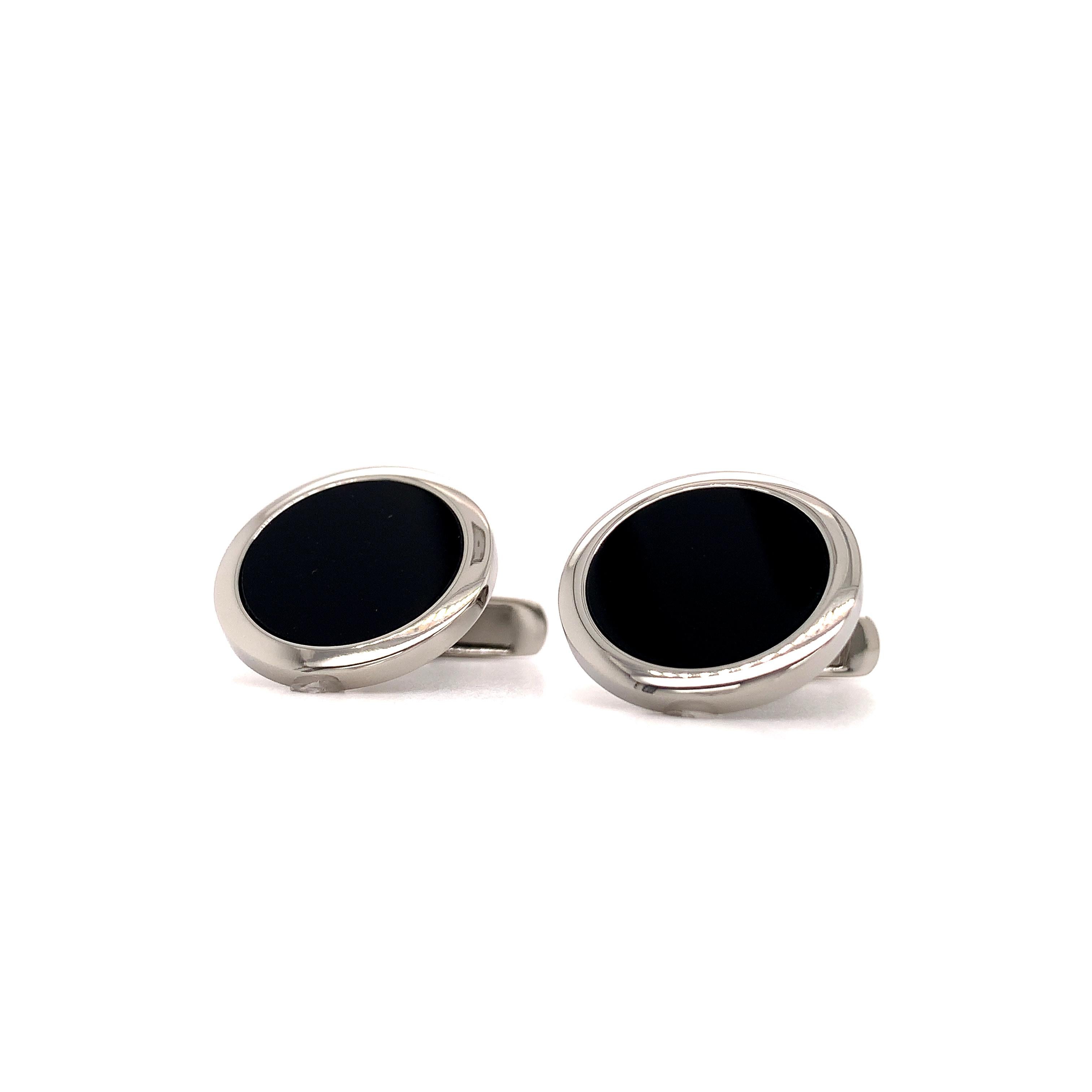 Round Polished Cufflinks Stainless Steel Black Onyx Ø approx. 19 mm For Sale 1