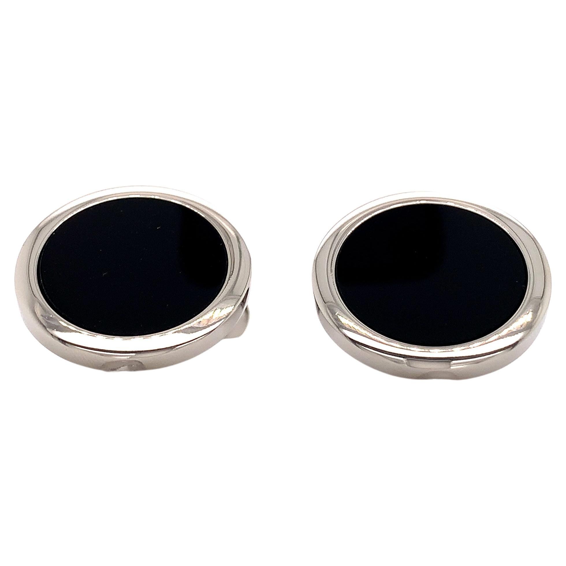 Round Polished Cufflinks Stainless Steel Black Onyx Ø approx. 19 mm For Sale