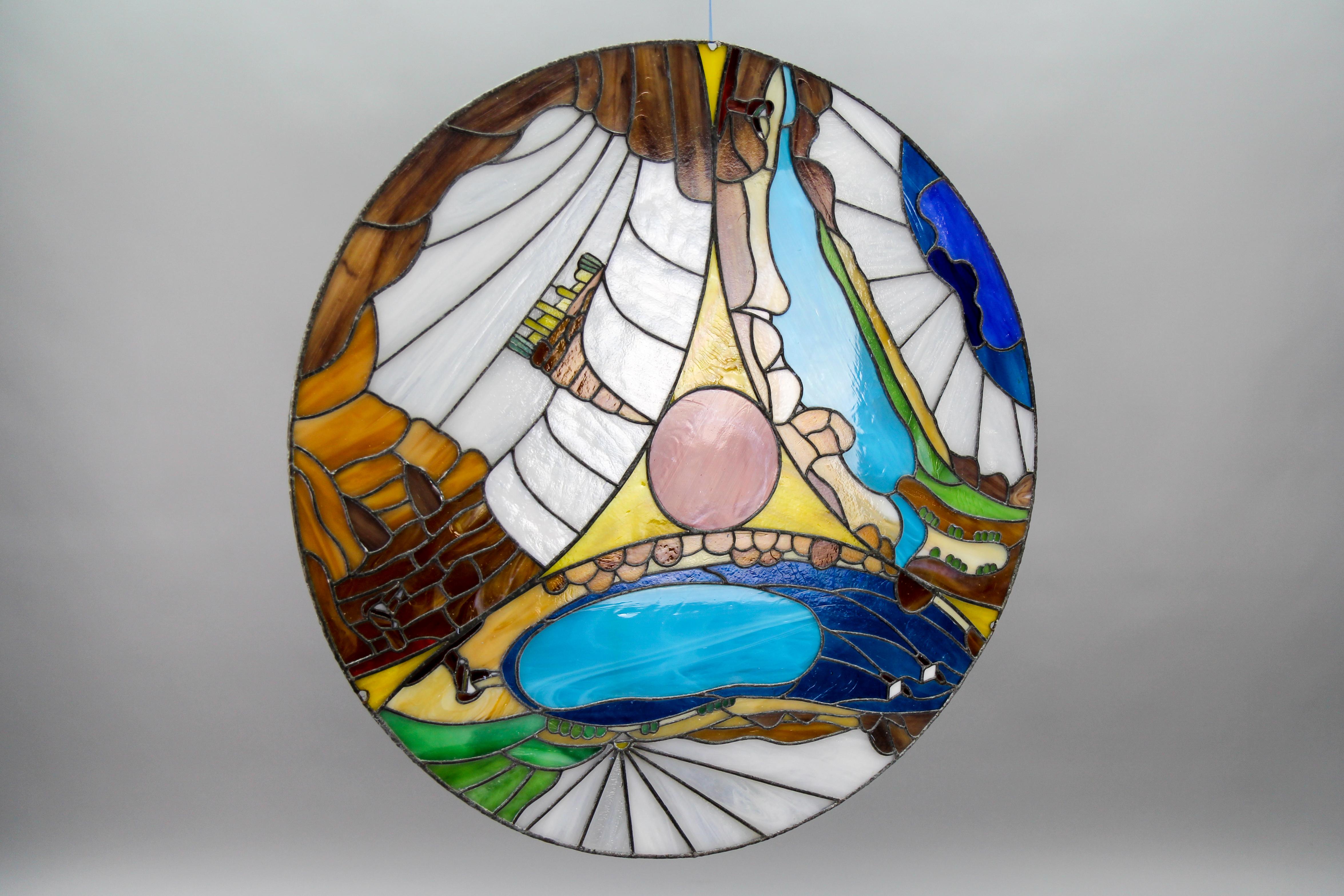 Round Polychrome Tiffany-Style Stained Glass Window Panel, 1970s For Sale 3