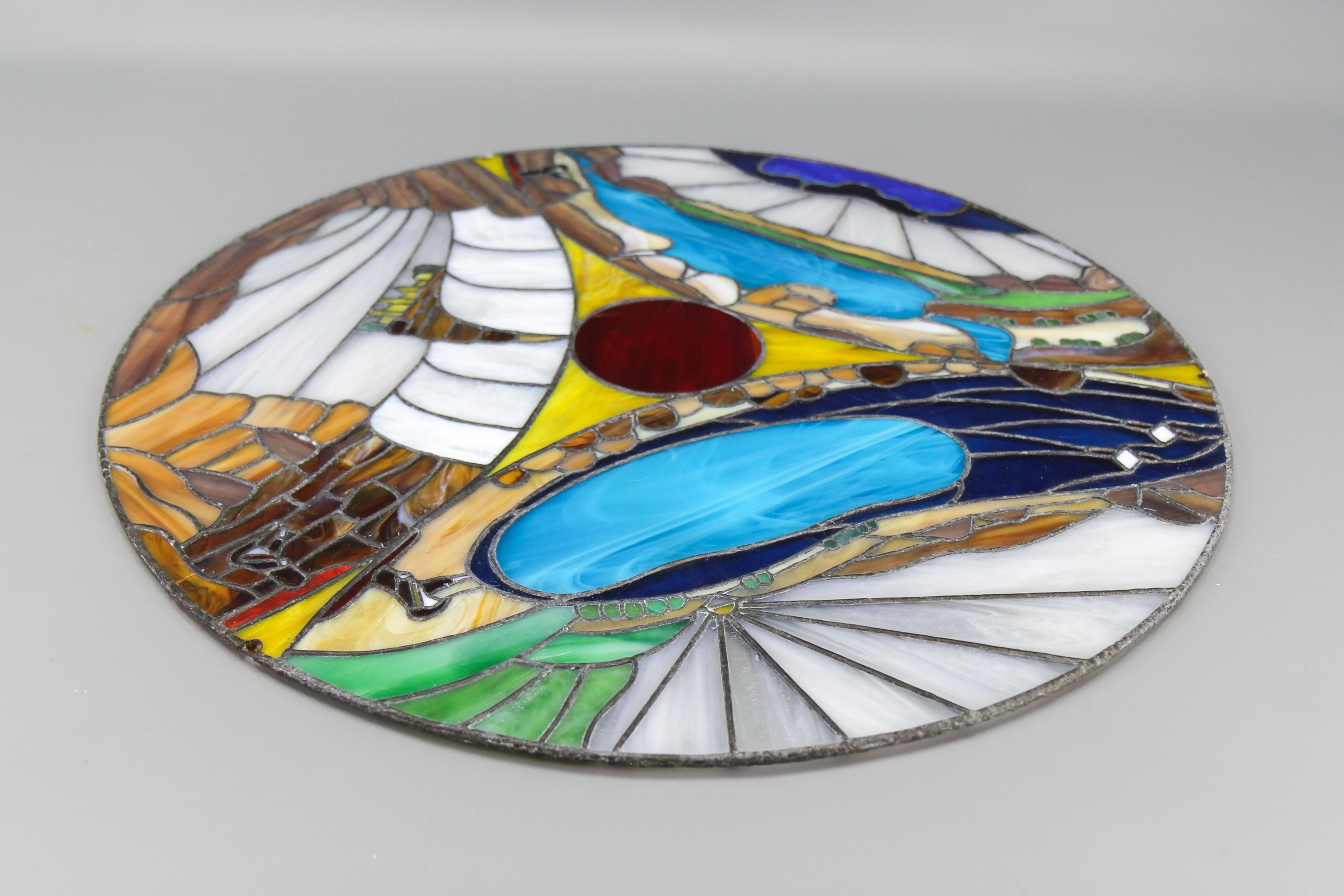 Round Polychrome Tiffany-Style Stained Glass Window Panel, 1970s For Sale 4