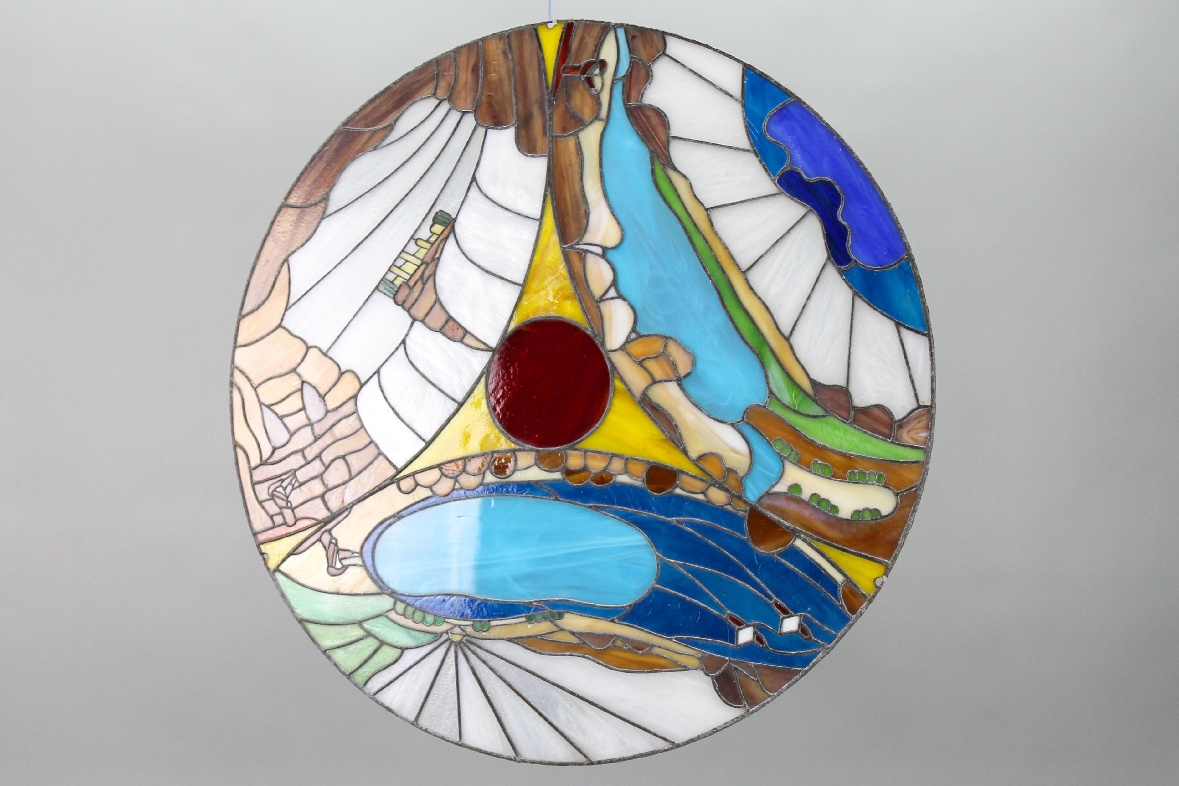 Round Polychrome Tiffany-Style Stained Glass Window Panel, 1970s For Sale 8
