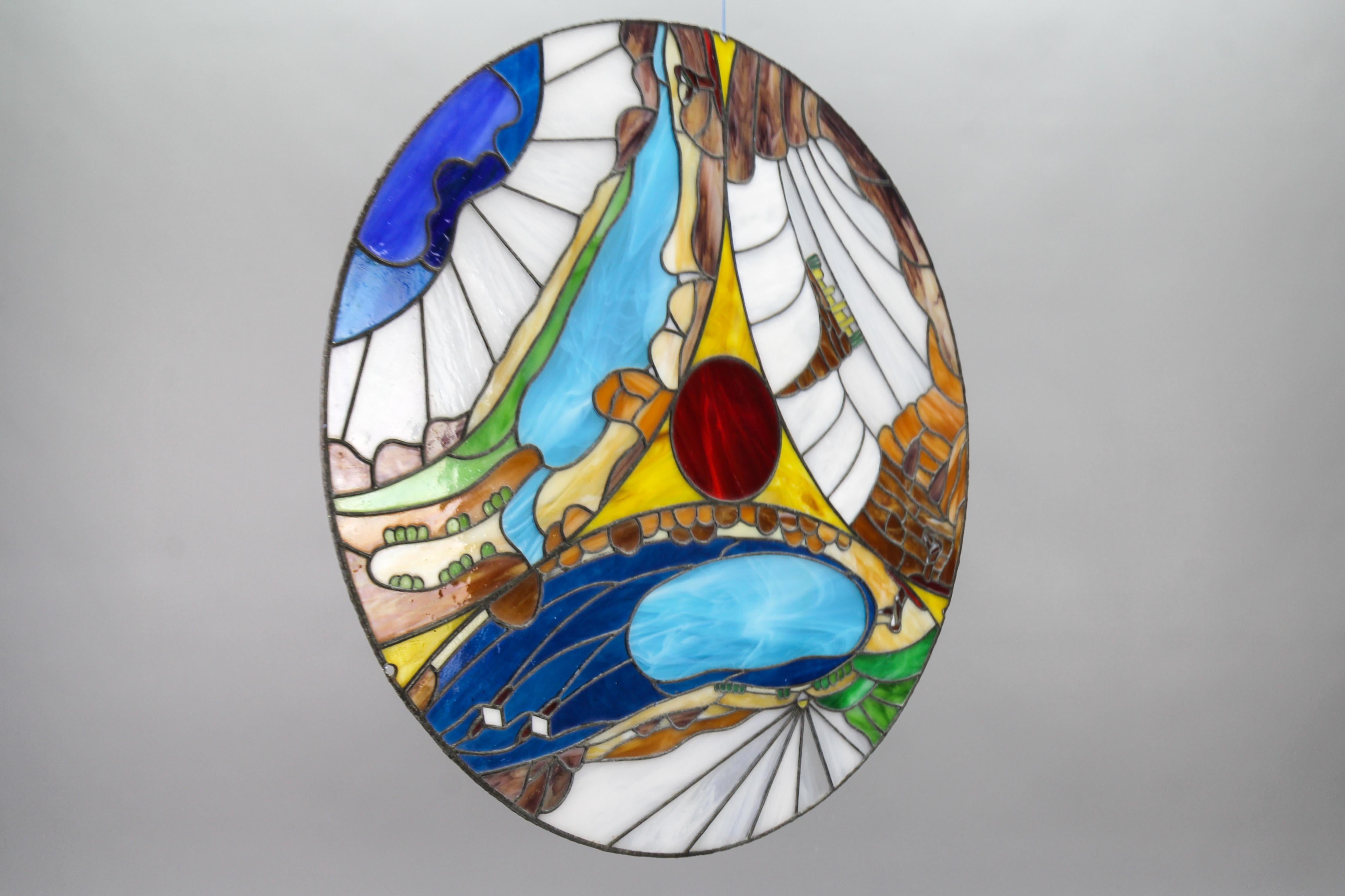 Round Polychrome Tiffany-Style Stained Glass Window Panel, 1970s For Sale 11