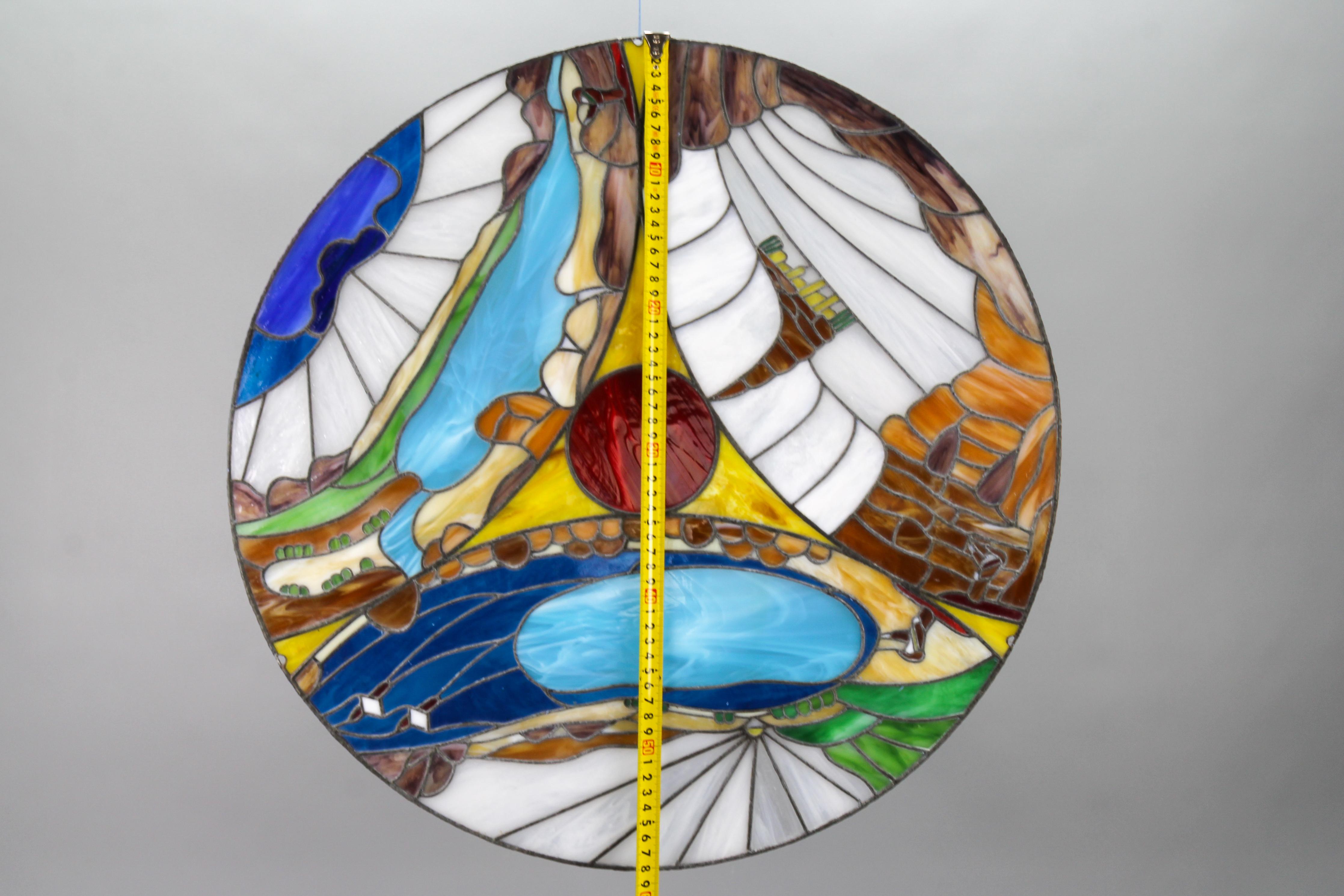 Round Polychrome Tiffany-Style Stained Glass Window Panel, 1970s For Sale 12