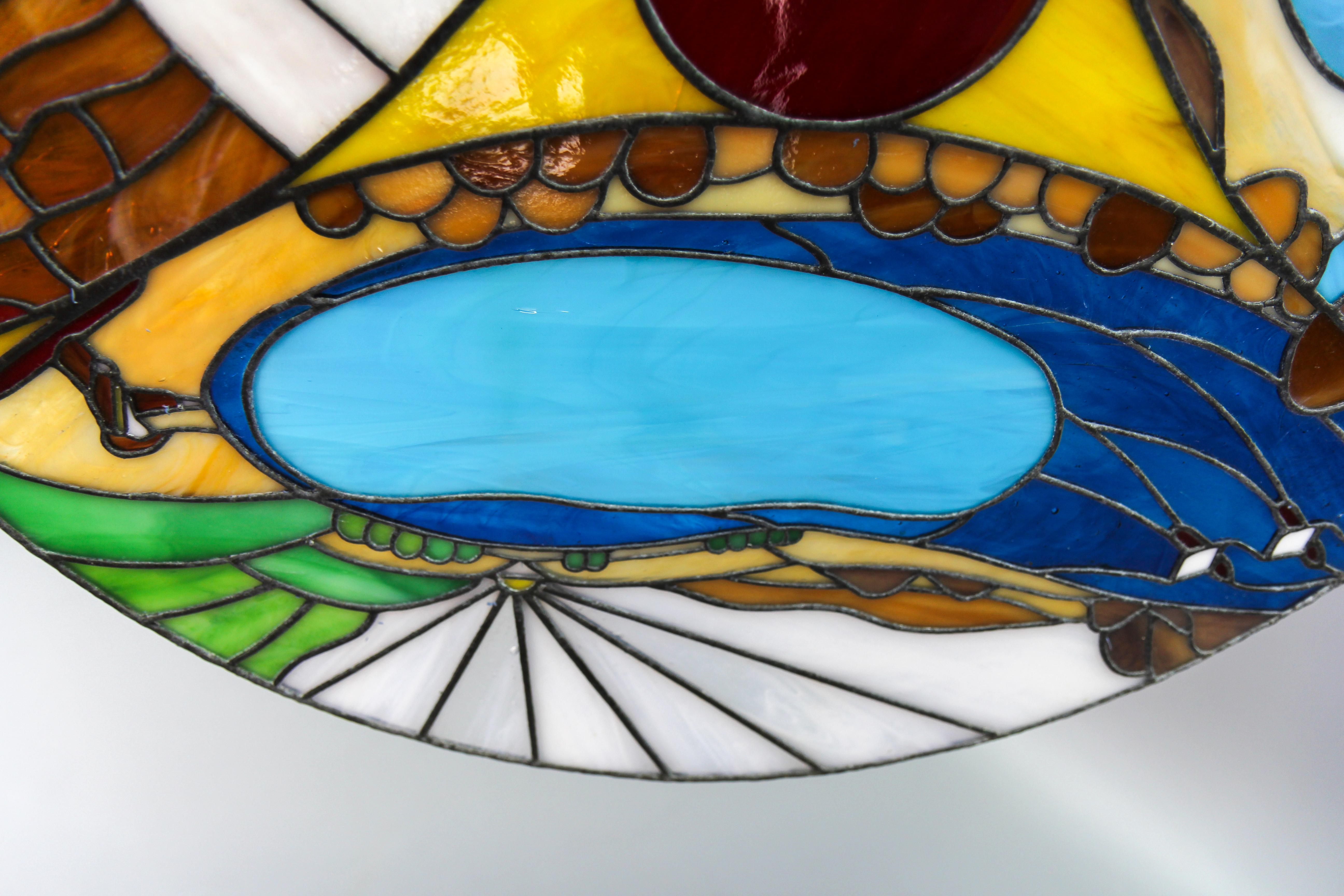 Round Polychrome Tiffany-Style Stained Glass Window Panel, 1970s For Sale 1