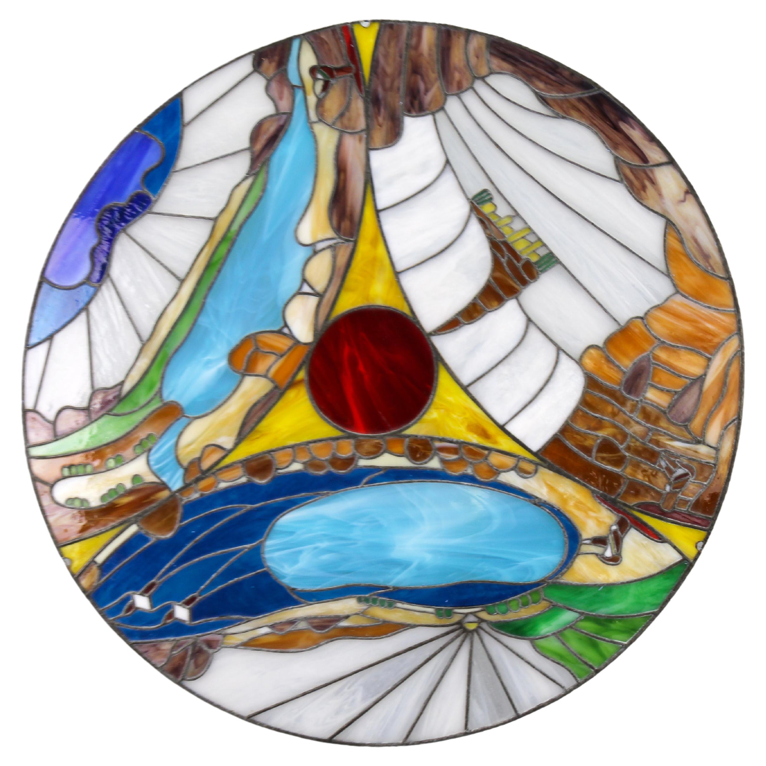 Round Polychrome Tiffany-Style Stained Glass Window Panel, 1970s For Sale