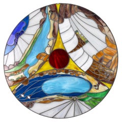 Round Polychrome Tiffany-Style Stained Glass Window Panel, 1970s