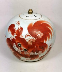 Qing Dynasty Chinese Round Porcelain Ginger Jar with Lid Painted with Foo Dog