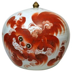 Pot à gingembre rond en porcelaine de la dynastie Qing avec couvercle peint d'un chien Foo