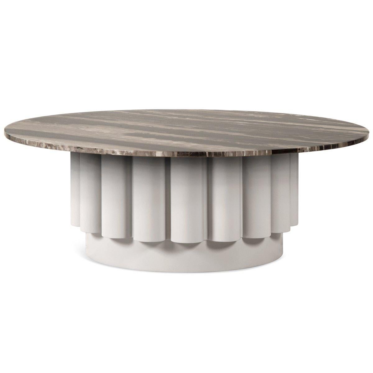 For those wanting a stunning center-piece for a living room or lobby. A fluted base in smoke ember lacquer finish is the most distinctive design element of this customizable coffee table. The posh Portoro stone marble top is dramatic and naturally