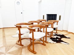 Round Post Modern Brutalist MCM Beech Dining Table + 6 Chairs, 9 Pcs Set