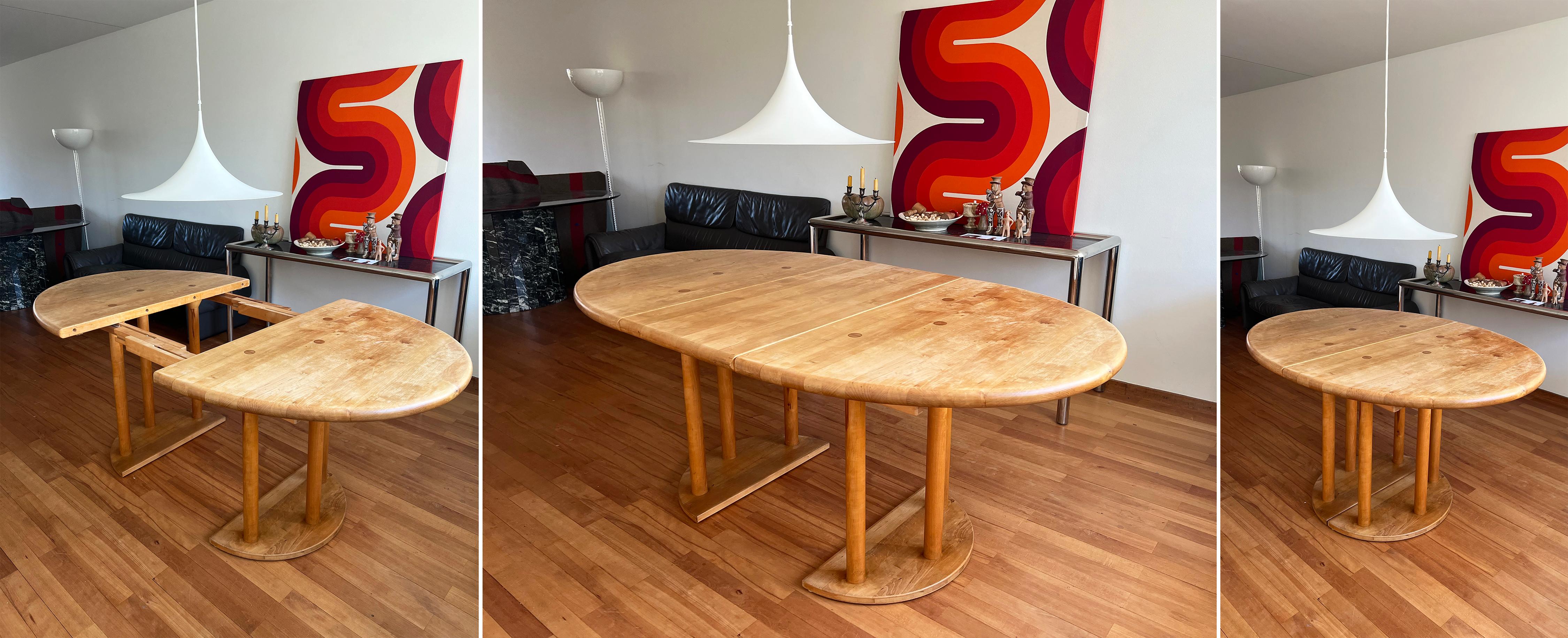 Absolutely incredible, and very stylish Brutalist dining table with an additional extendable leaf.

Extreme attention to detail on these masterfully made chairs and table--Sculptural elements throughout, excellent joint detailing and superb