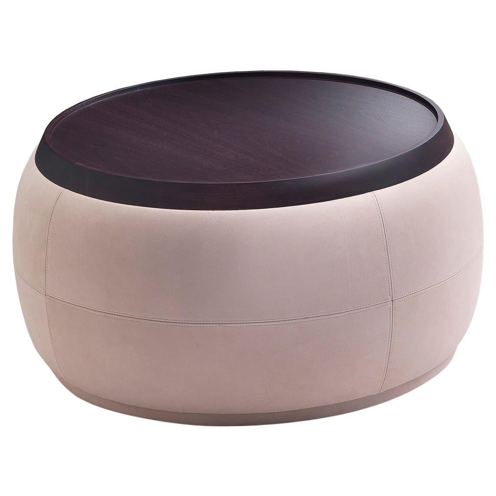 ROUND Beige and Brown POUF with Canaletto Walnut top and Nabuk leather For Sale