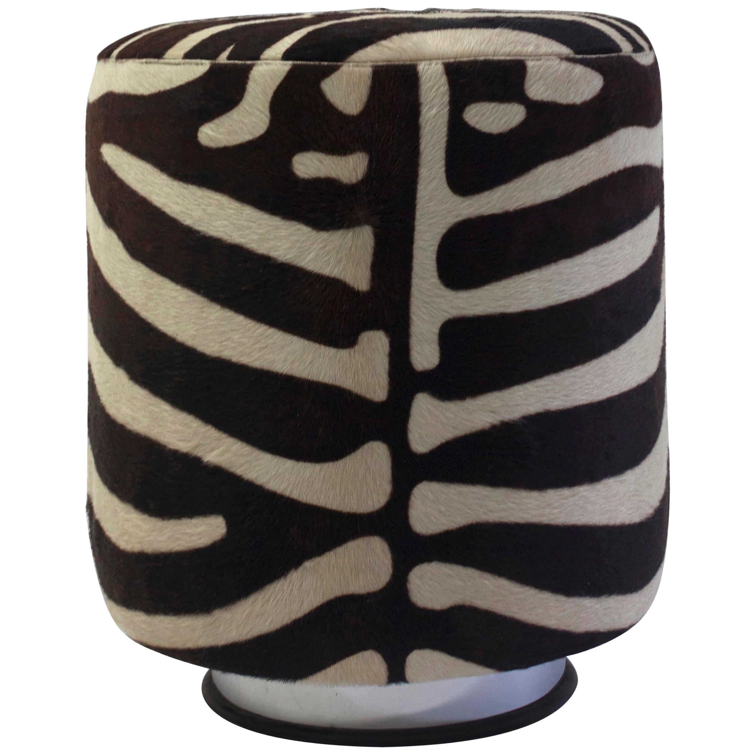 Round Pouf on Steel Metal Base with Faux Animal Skin and Self Welt at the Seat For Sale