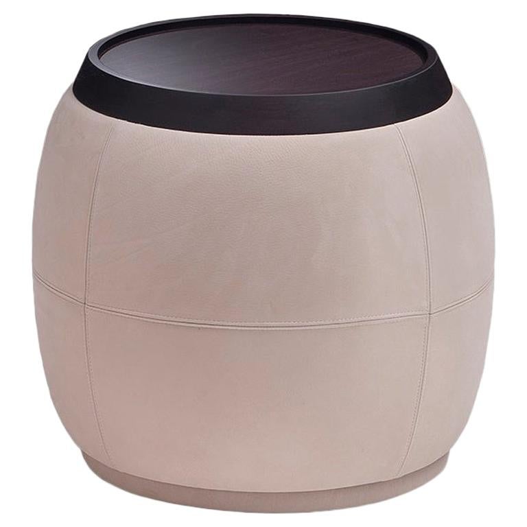 RUND Braun und Beige POUF aus massivem Canaletto-Holz und Leder  im Angebot