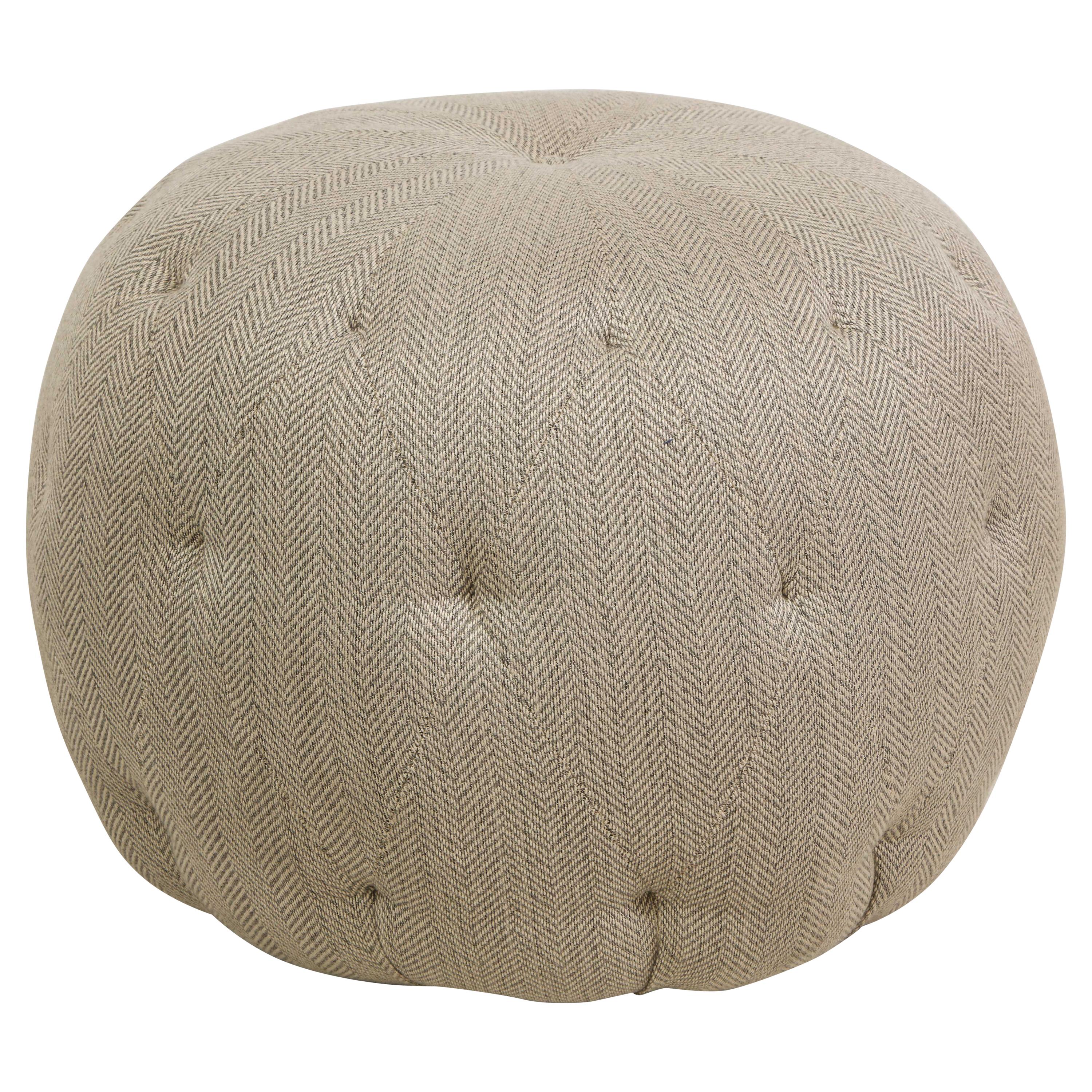 Round Pouf Tufted Ottoman in Neutral Herringbone Upholstery For Sale at